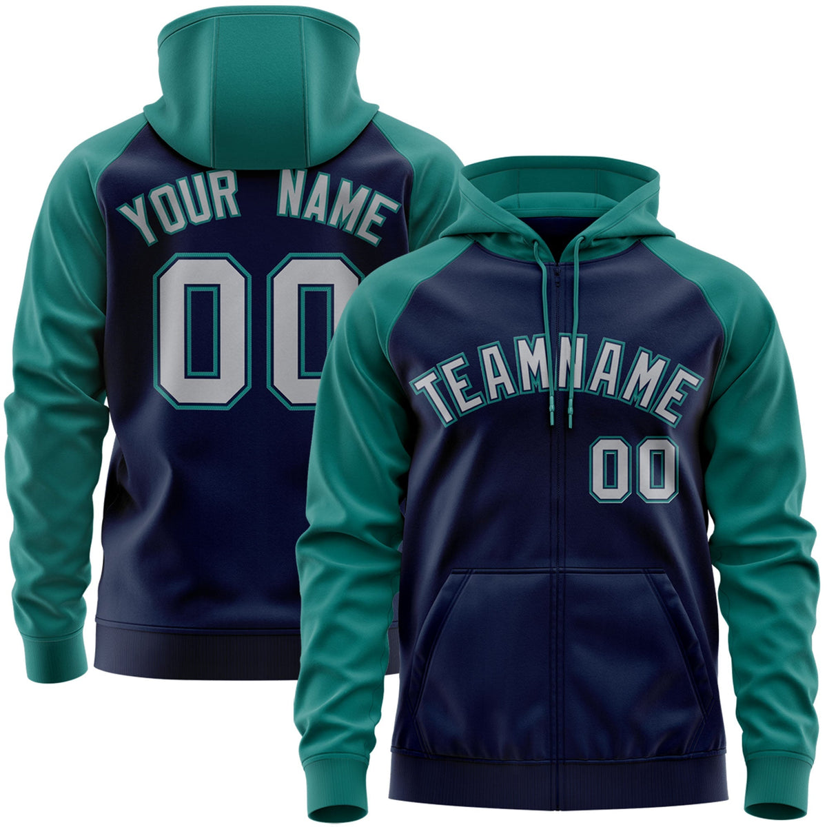Custom Stitched Navy Gray-Aqua Raglan Sleeves Sports Full-Zip Sweatshirt Hoodie| KXKSHOP