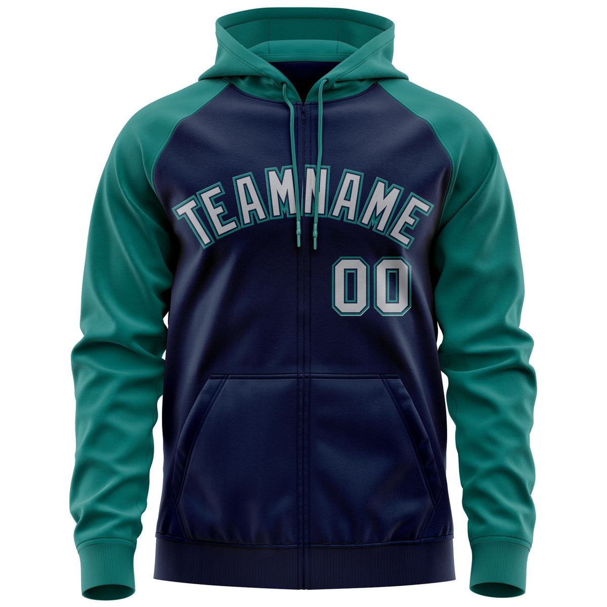 Custom Stitched Navy Gray-Aqua Raglan Sleeves Sports Full-Zip Sweatshirt Hoodie| KXKSHOP
