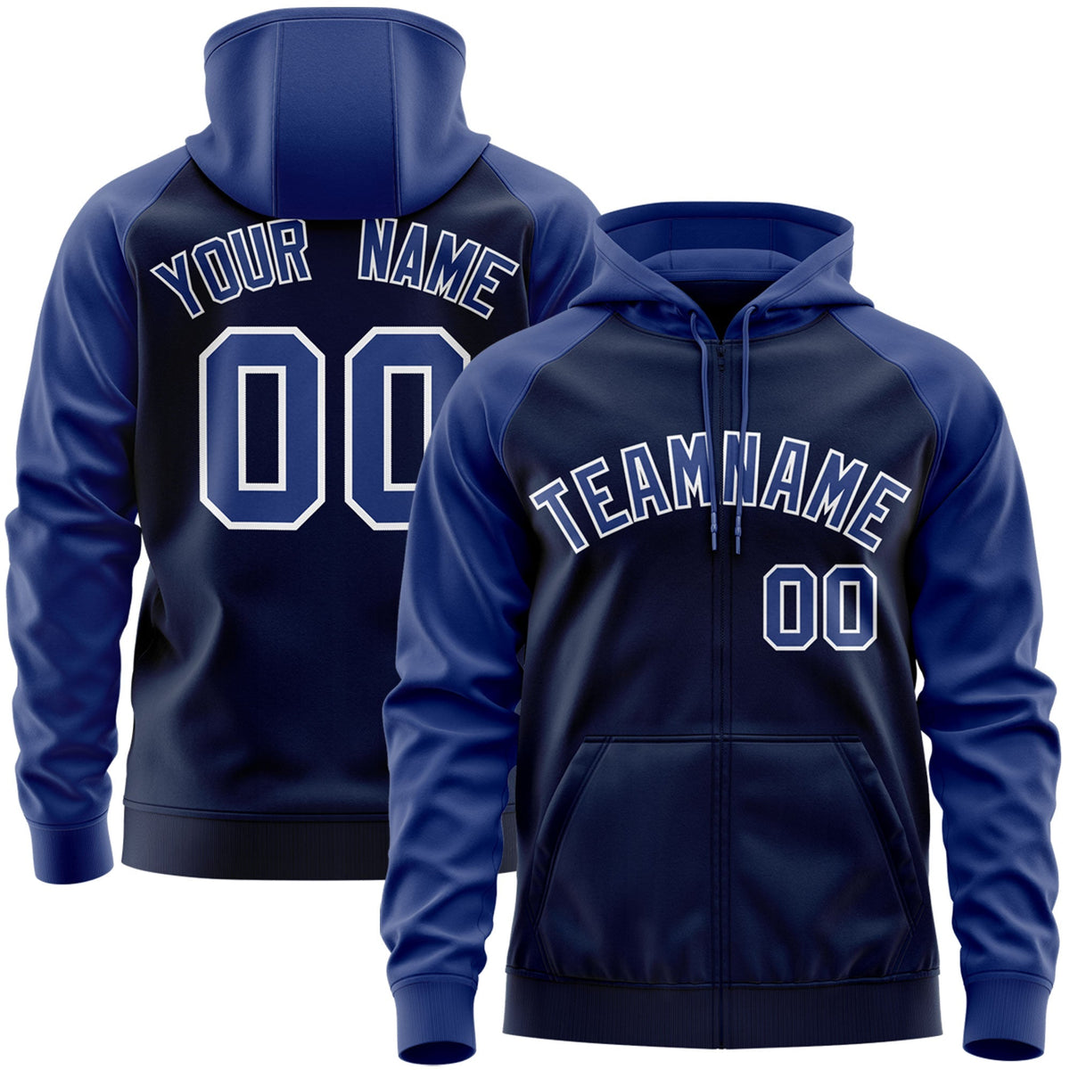 Custom Stitched Navy Royal-White Raglan Sleeves Sports Full-Zip Sweatshirt Hoodie| KXKSHOP