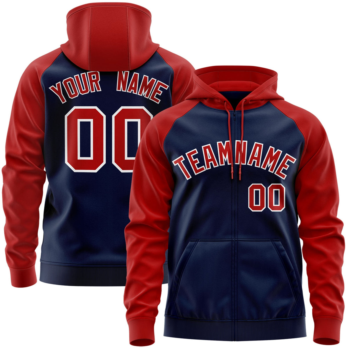 Custom Stitched Navy Red-White Raglan Sleeves Sports Full-Zip Sweatshirt Hoodie| KXKSHOP
