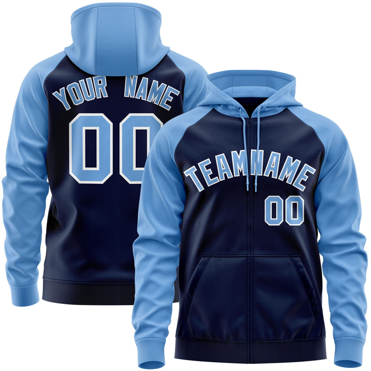 Custom Stitched Navy Powder Blue-White Raglan Sleeves Sports Full-Zip Sweatshirt Hoodie| KXKSHOP