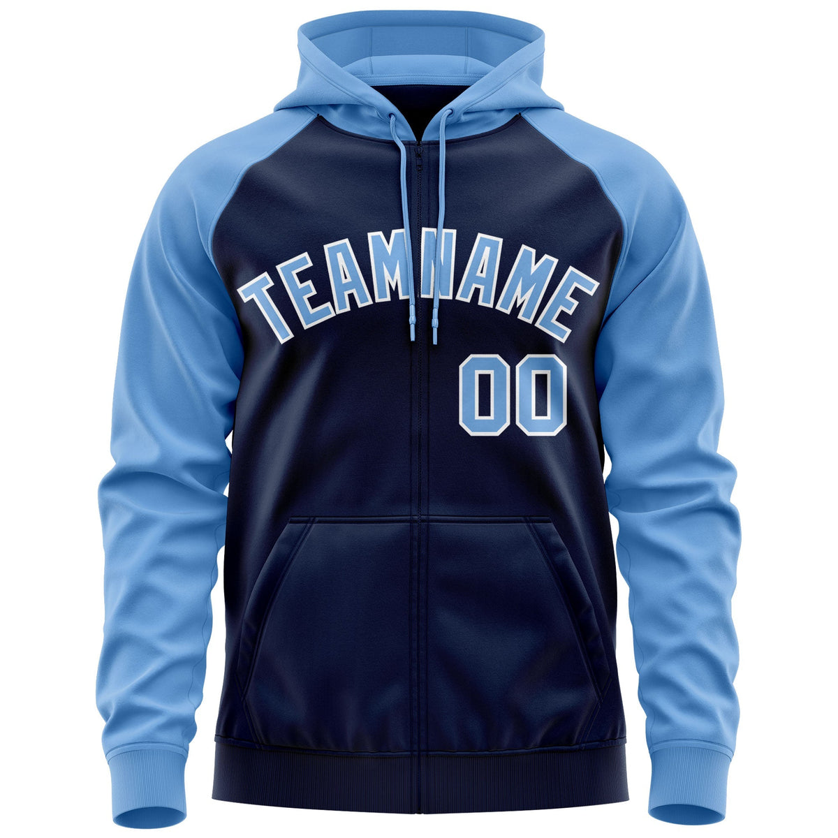 Custom Stitched Navy Powder Blue-White Raglan Sleeves Sports Full-Zip Sweatshirt Hoodie| KXKSHOP