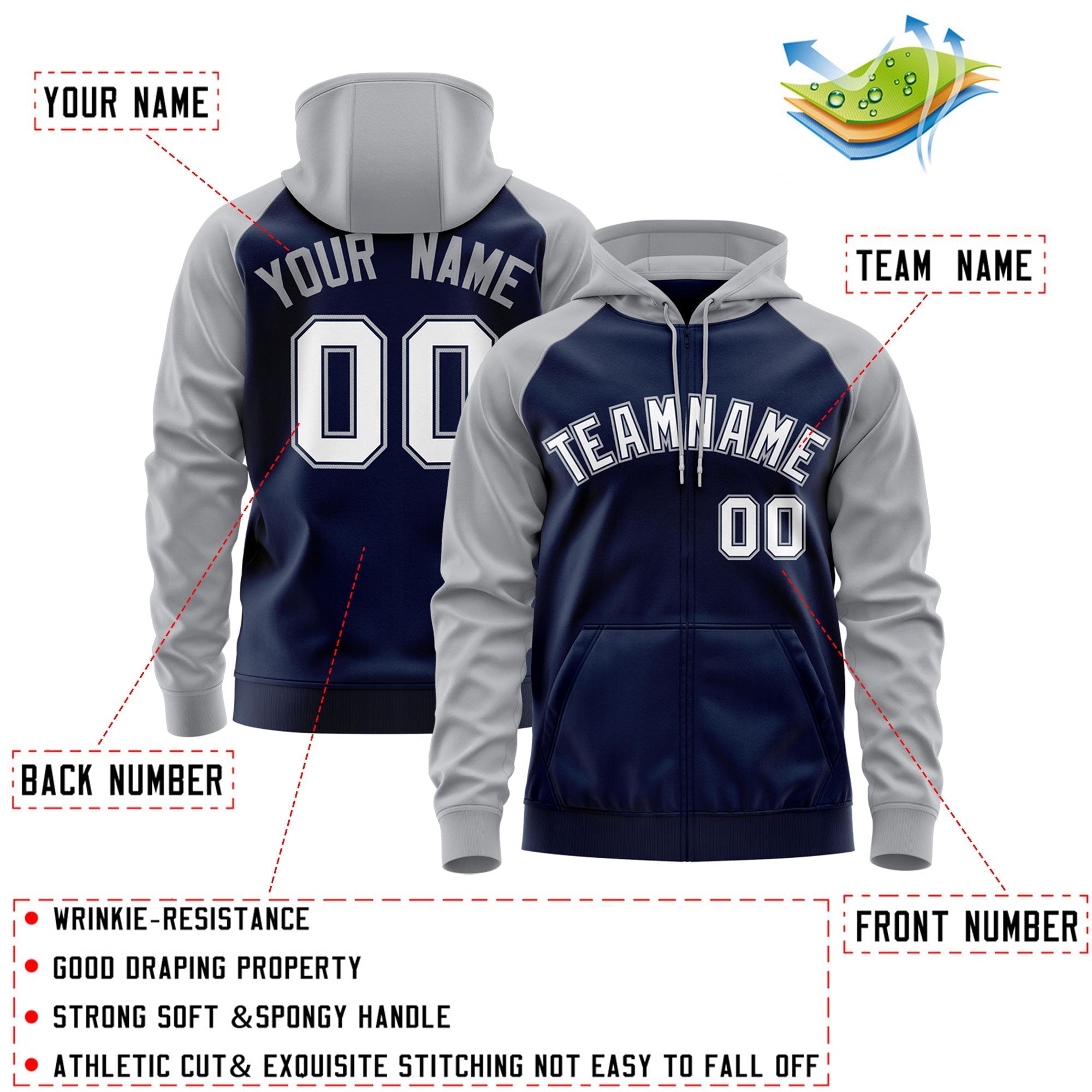 Custom Stitched Navy White-Gray Raglan Sleeves Sports Full-Zip Sweatshirt Hoodie| KXKSHOP