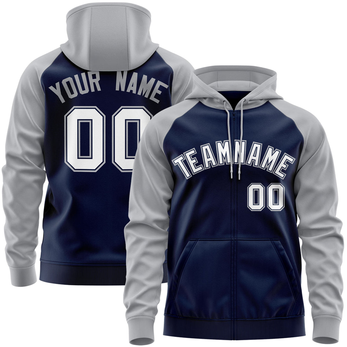 Custom Stitched Navy White-Gray Raglan Sleeves Sports Full-Zip Sweatshirt Hoodie| KXKSHOP
