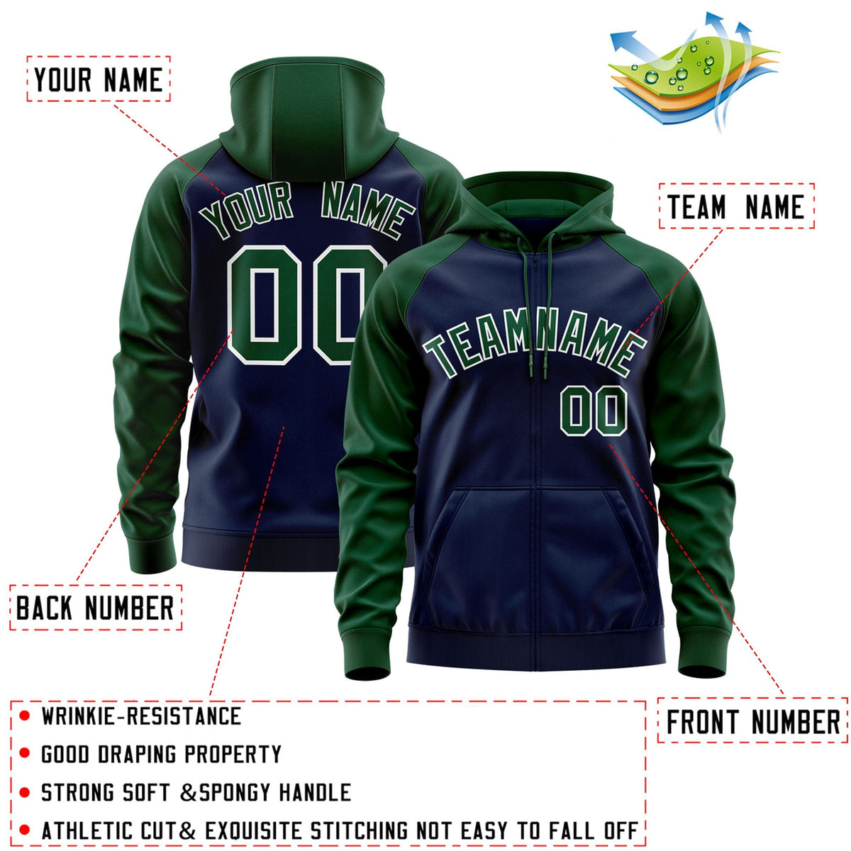 Custom Stitched Navy Green-White Raglan Sleeves Sports Full-Zip Sweatshirt Hoodie| KXKSHOP