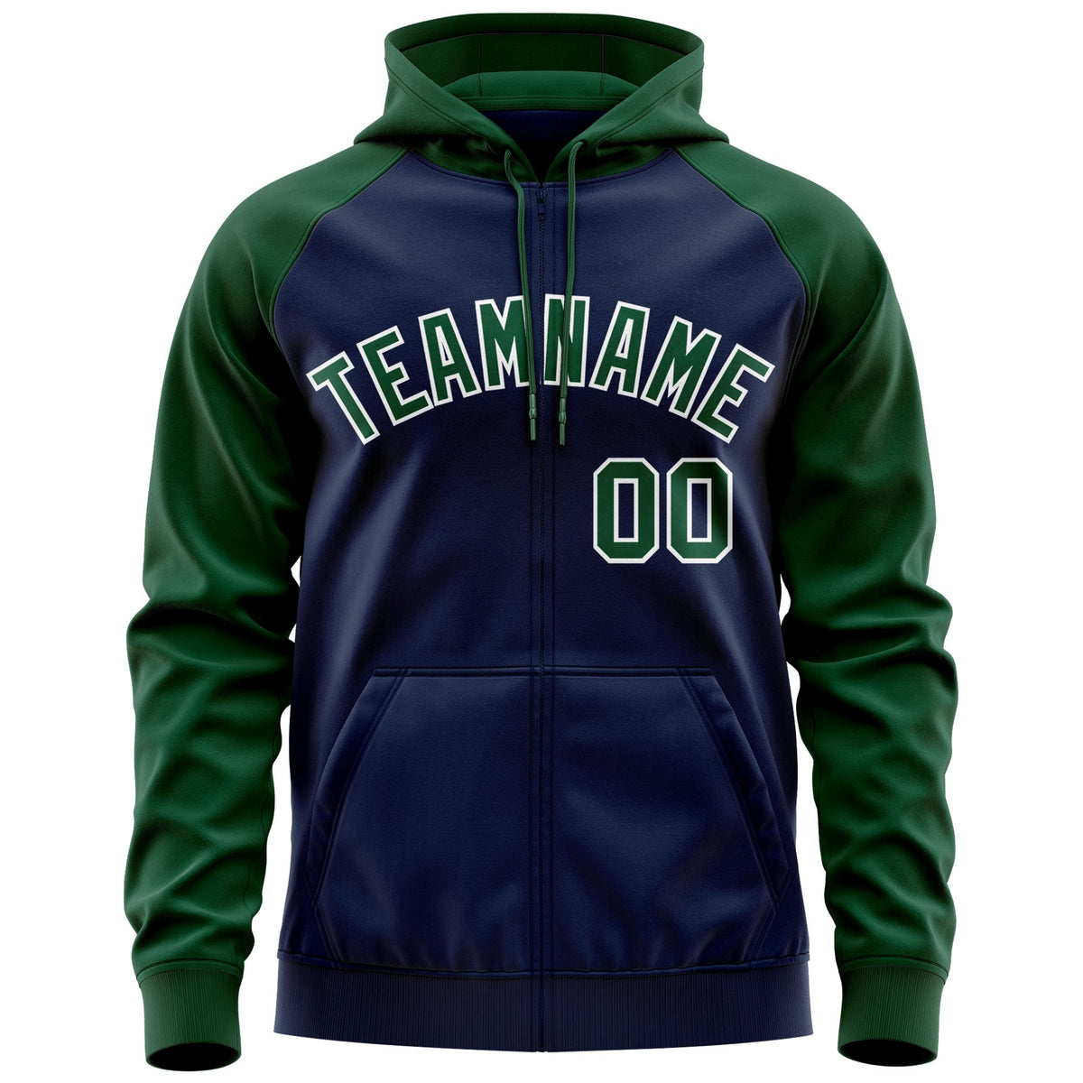 Custom Stitched Navy Green-White Raglan Sleeves Sports Full-Zip Sweatshirt Hoodie| KXKSHOP