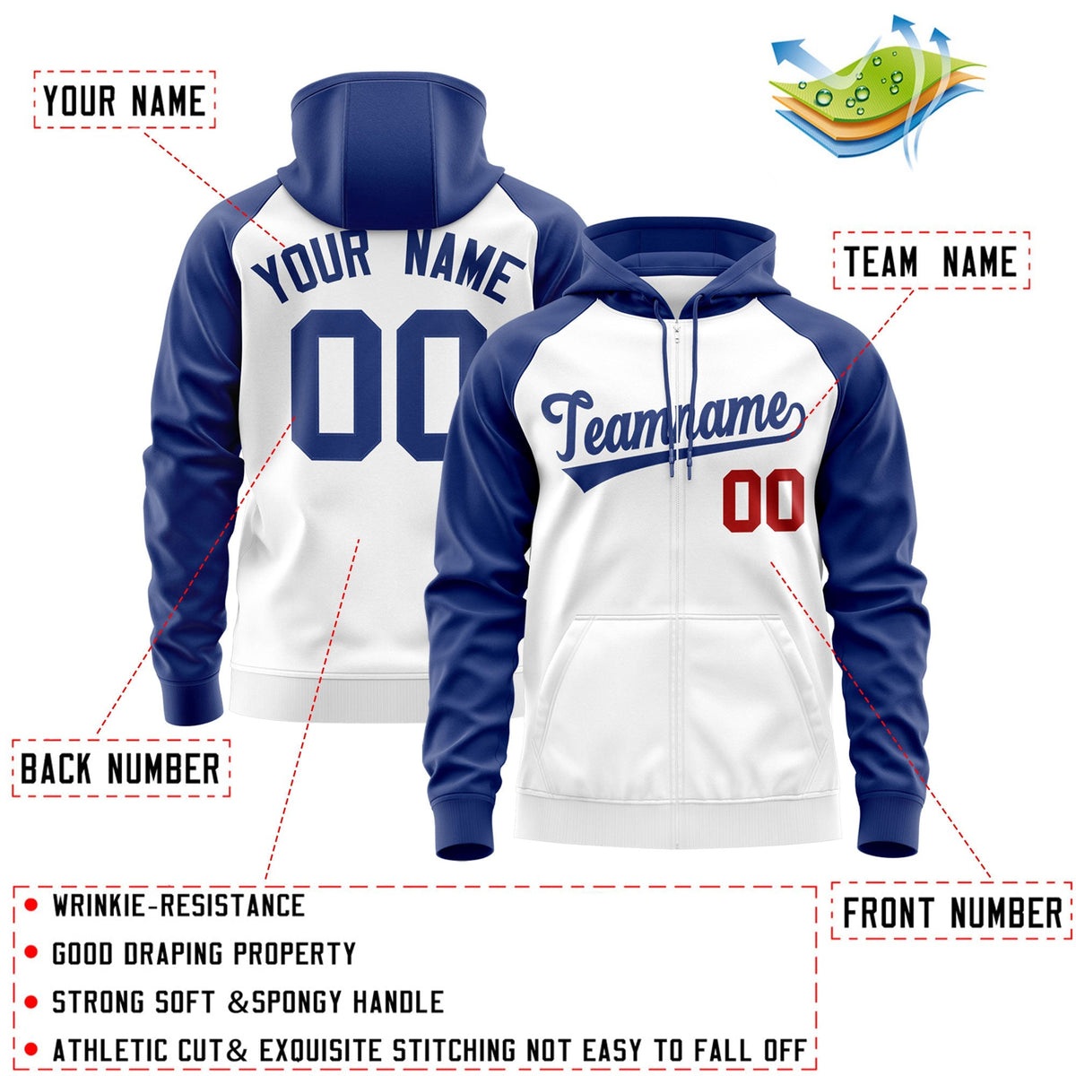 Custom Stitched White Royal Raglan Sleeves Sports Full-Zip Sweatshirt Hoodie| KXKSHOP