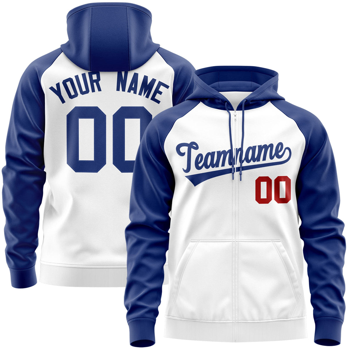 Custom Stitched White Royal Raglan Sleeves Sports Full-Zip Sweatshirt Hoodie| KXKSHOP