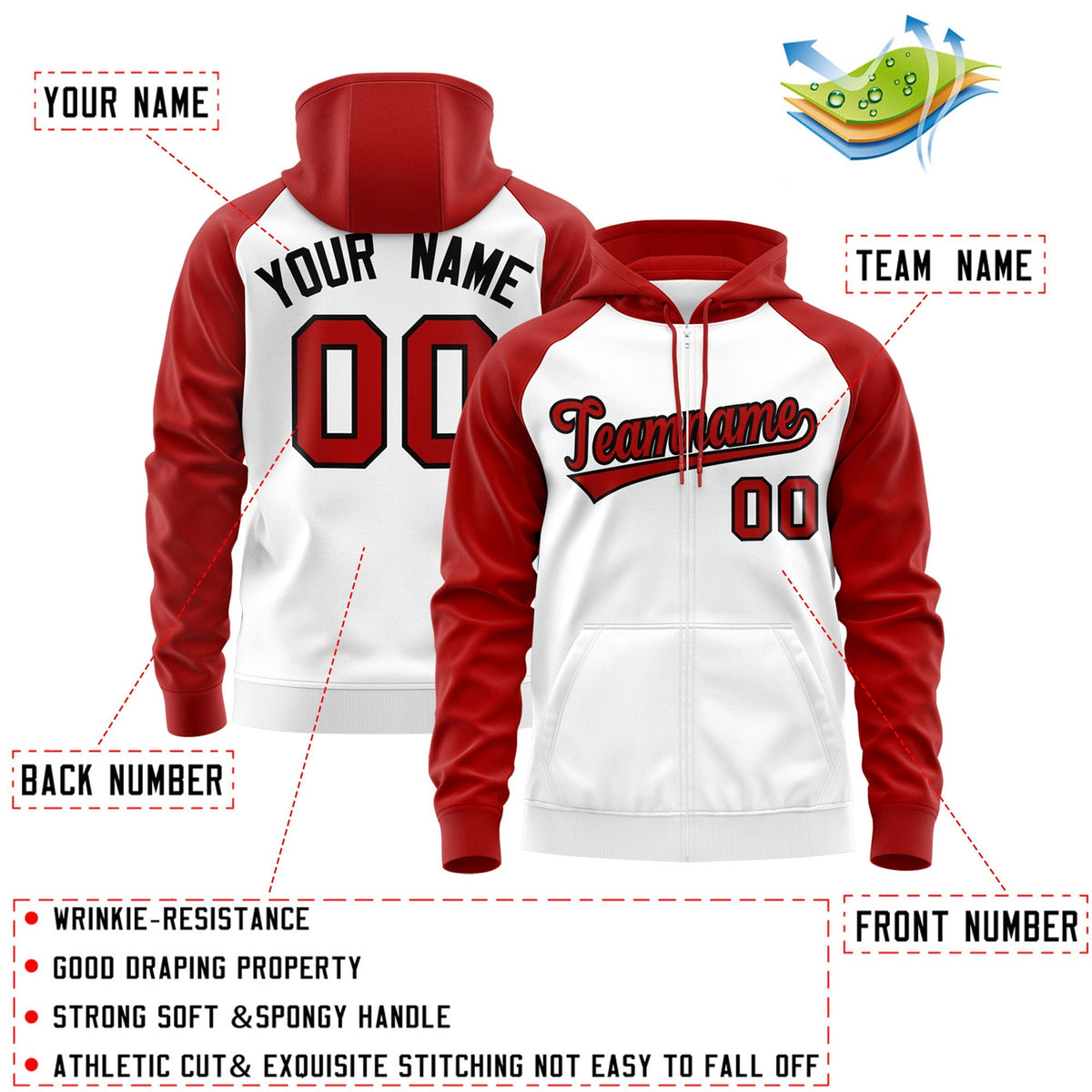 Custom Stitched White Red-Black Raglan Sleeves Sports Full-Zip Sweatshirt Hoodie| KXKSHOP