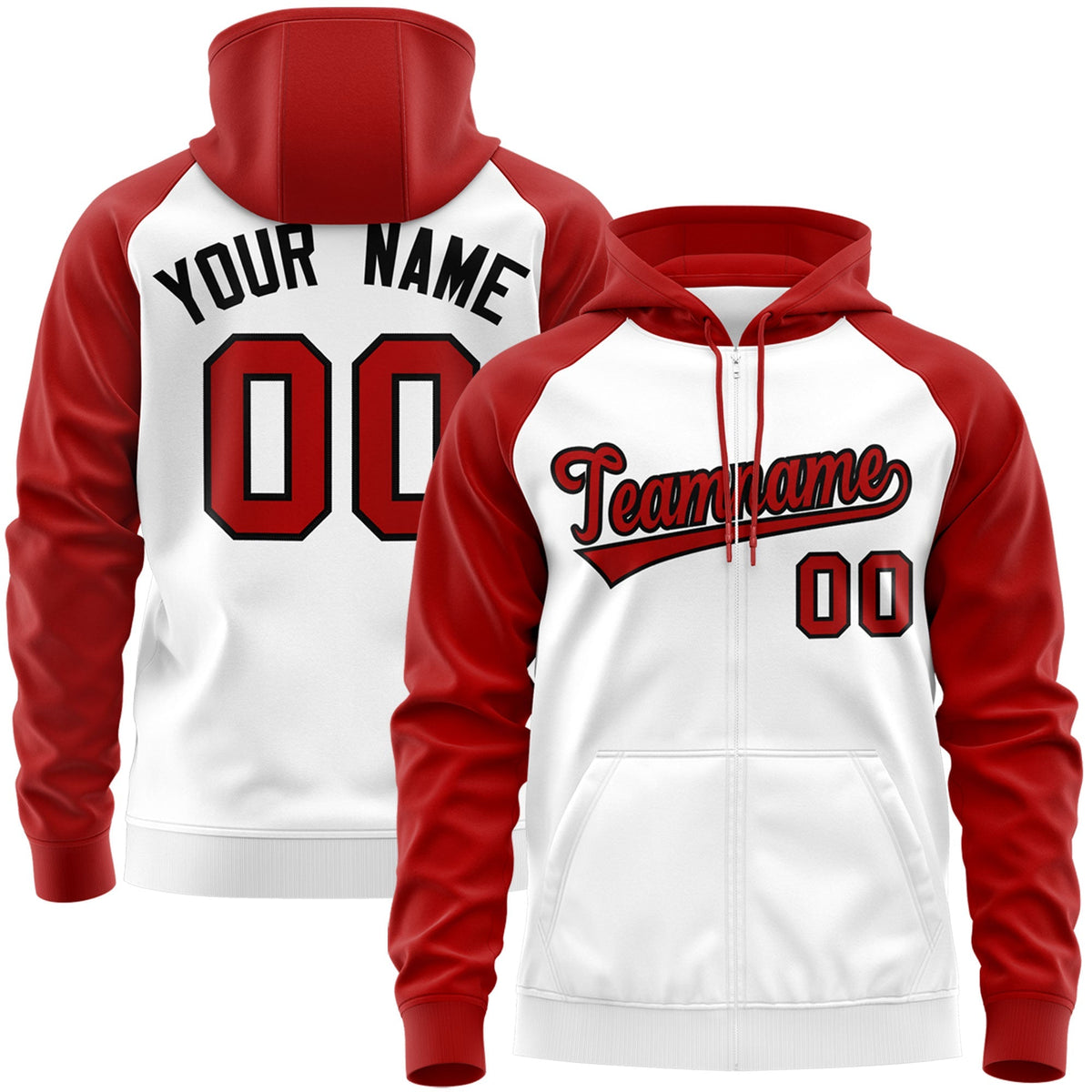 Custom Stitched White Red-Black Raglan Sleeves Sports Full-Zip Sweatshirt Hoodie| KXKSHOP