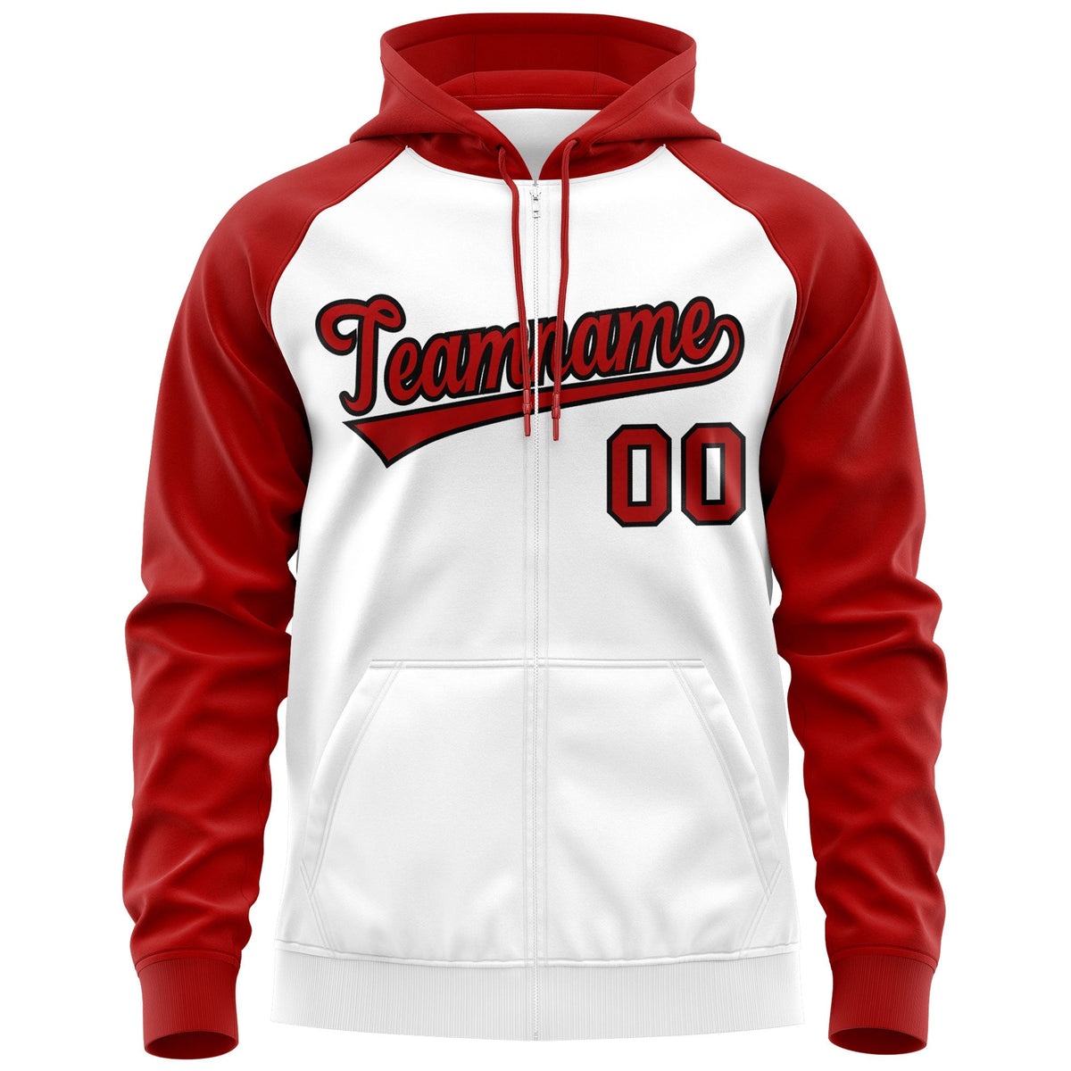 Custom Stitched White Red-Black Raglan Sleeves Sports Full-Zip Sweatshirt Hoodie| KXKSHOP