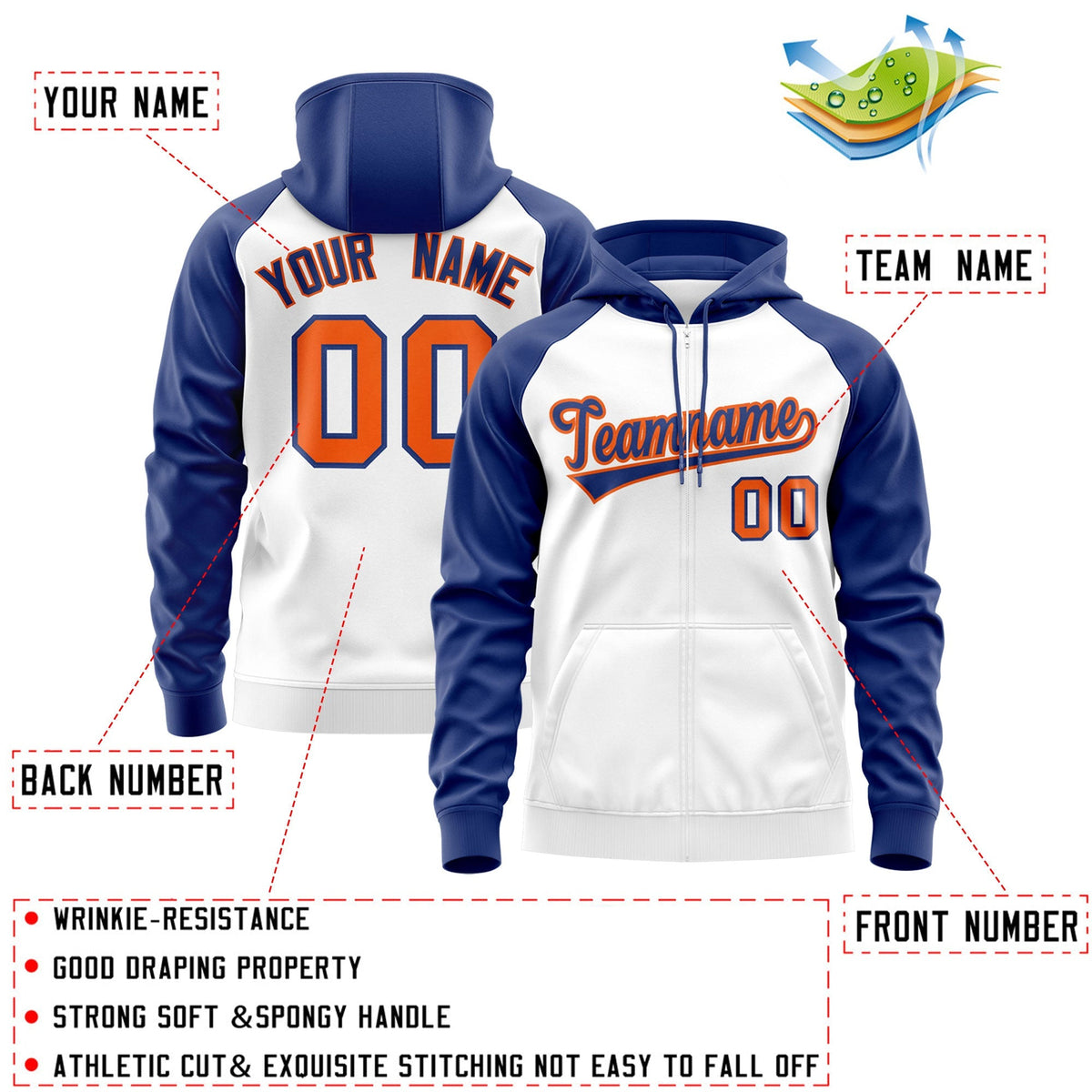 Custom Stitched White Royal-Orange Raglan Sleeves Sports Full-Zip Sweatshirt Hoodie| KXKSHOP