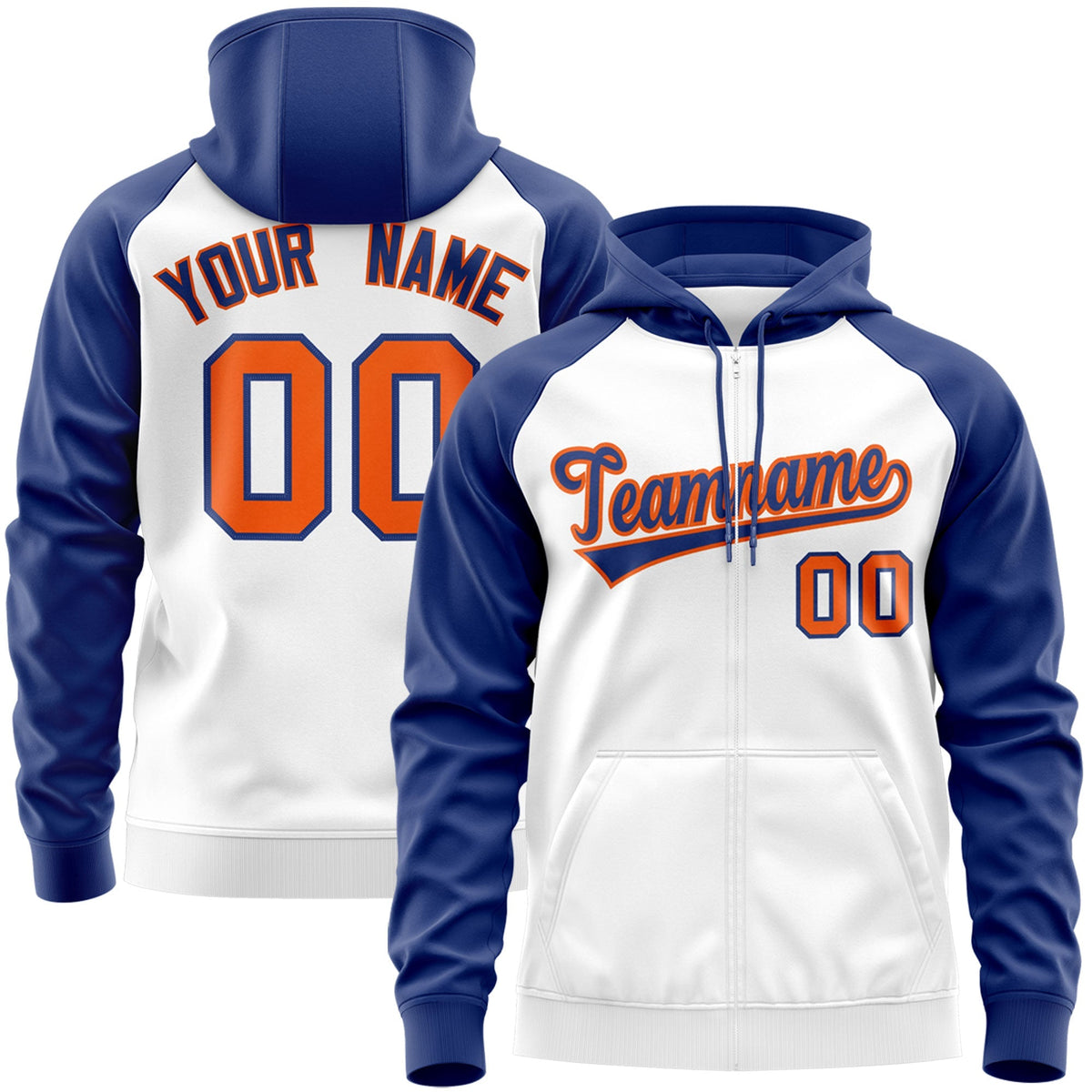 Custom Stitched White Royal-Orange Raglan Sleeves Sports Full-Zip Sweatshirt Hoodie| KXKSHOP