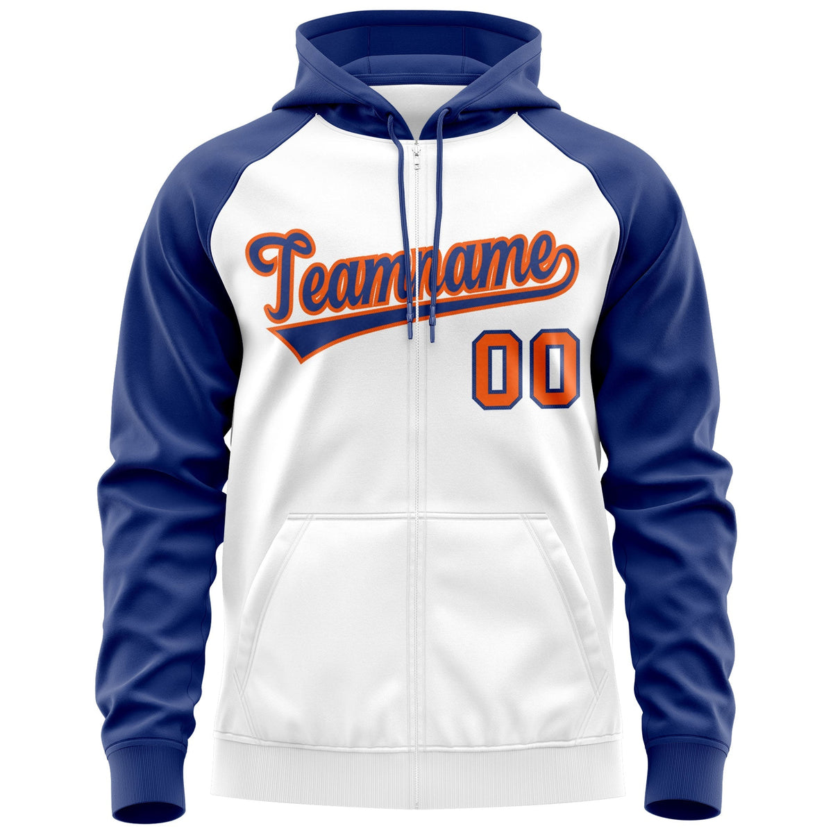 Custom Stitched White Royal-Orange Raglan Sleeves Sports Full-Zip Sweatshirt Hoodie| KXKSHOP