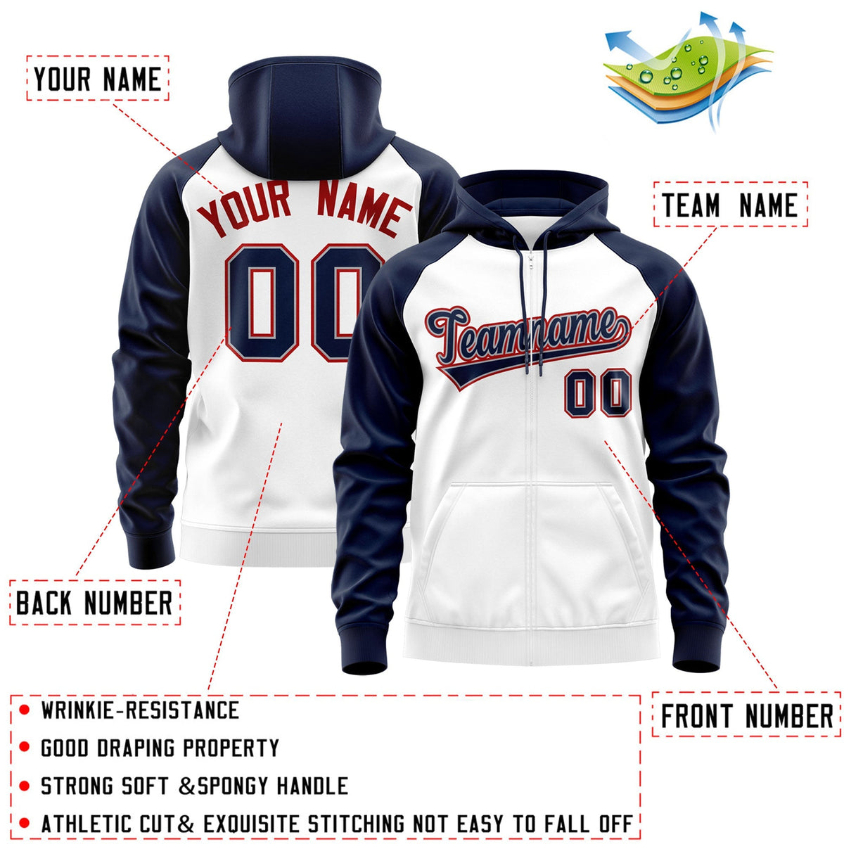 Custom Stitched White Navy-Red Raglan Sleeves Sports Full-Zip Sweatshirt Hoodie| KXKSHOP