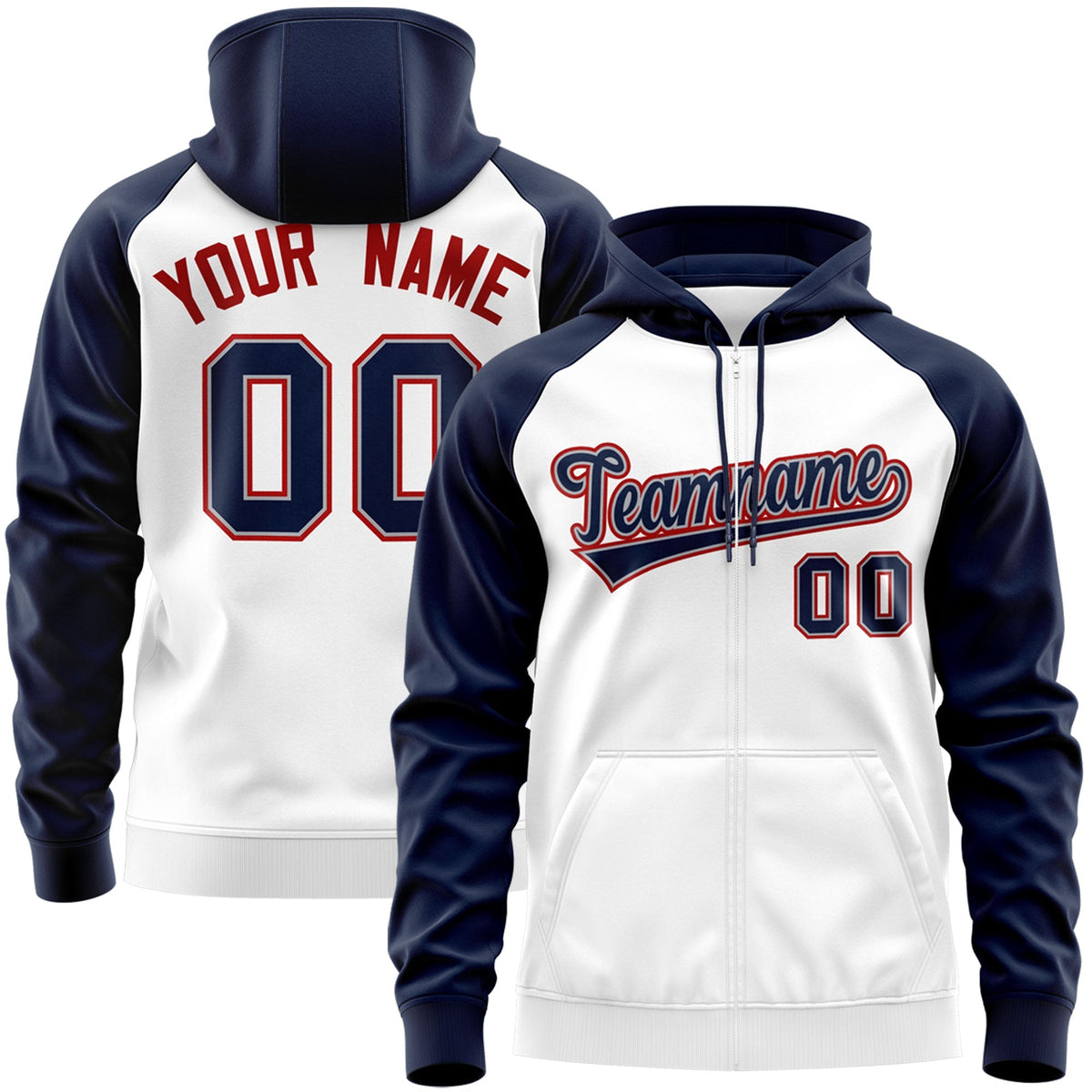 Custom Stitched White Navy-Red Raglan Sleeves Sports Full-Zip Sweatshirt Hoodie| KXKSHOP