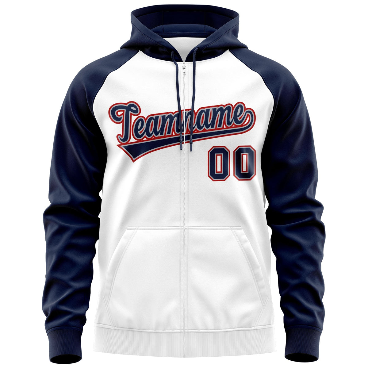 Custom Stitched White Navy-Red Raglan Sleeves Sports Full-Zip Sweatshirt Hoodie| KXKSHOP