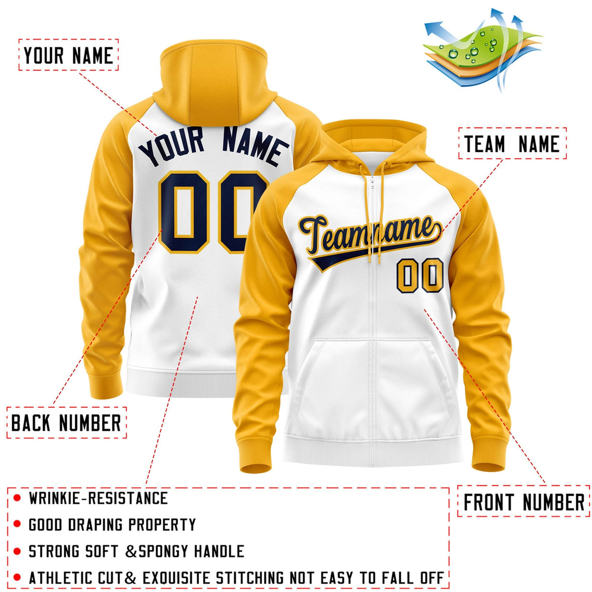 Custom Stitched White Navy-Gold Raglan Sleeves Sports Full-Zip Sweatshirt Hoodie| KXKSHOP