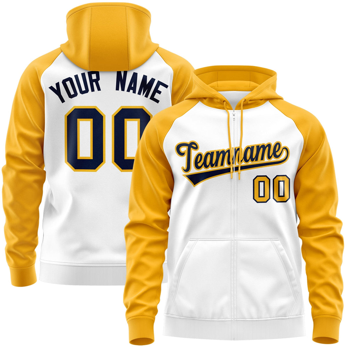 Custom Stitched White Navy-Gold Raglan Sleeves Sports Full-Zip Sweatshirt Hoodie| KXKSHOP