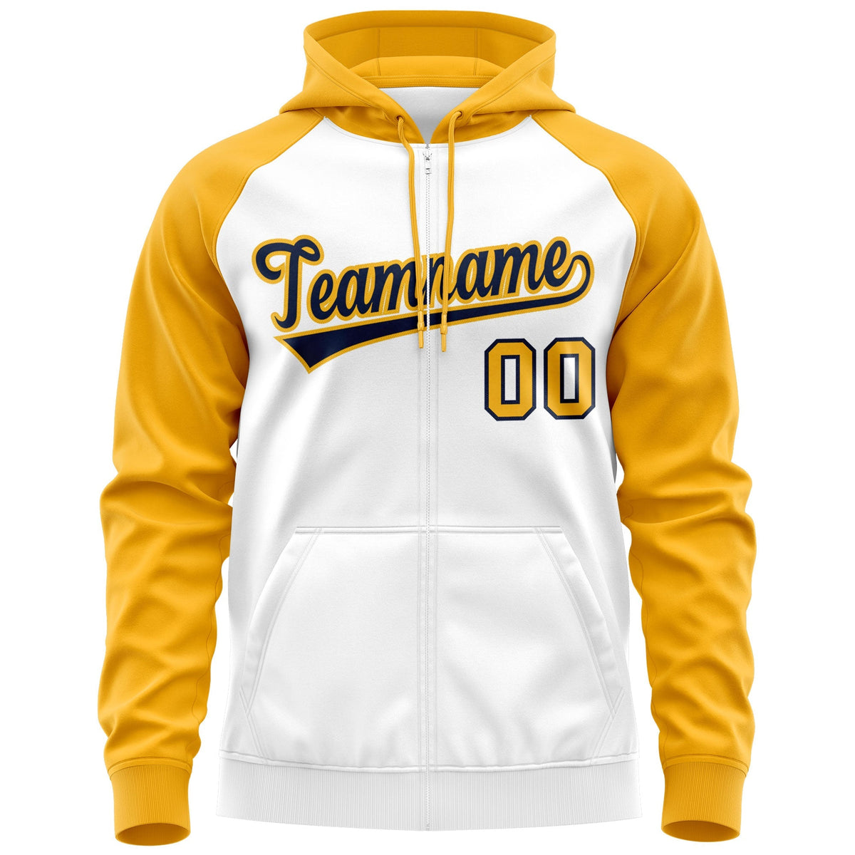 Custom Stitched White Navy-Gold Raglan Sleeves Sports Full-Zip Sweatshirt Hoodie| KXKSHOP