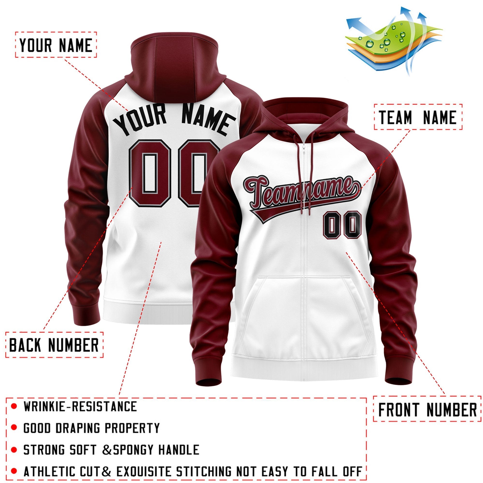 Custom Stitched White Crimson-Black Raglan Sleeves Sports Full-Zip Sweatshirt Hoodie| KXKSHOP