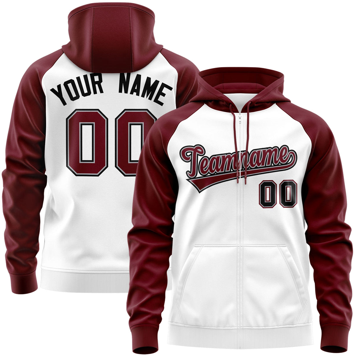 Custom Stitched White Crimson-Black Raglan Sleeves Sports Full-Zip Sweatshirt Hoodie| KXKSHOP