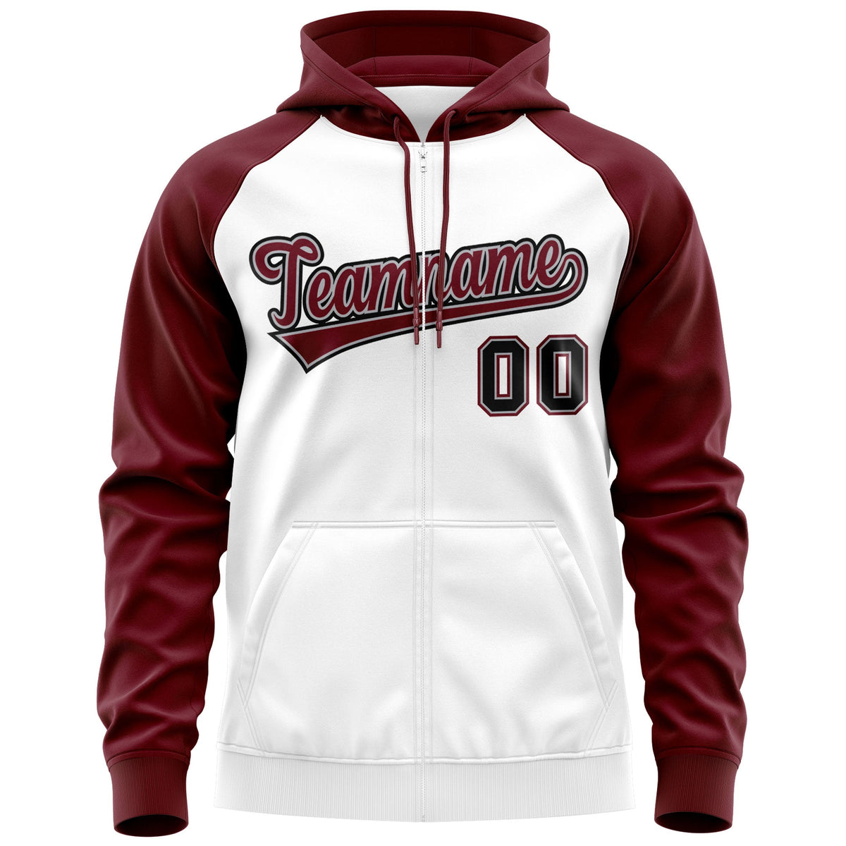 Custom Stitched White Crimson-Black Raglan Sleeves Sports Full-Zip Sweatshirt Hoodie| KXKSHOP