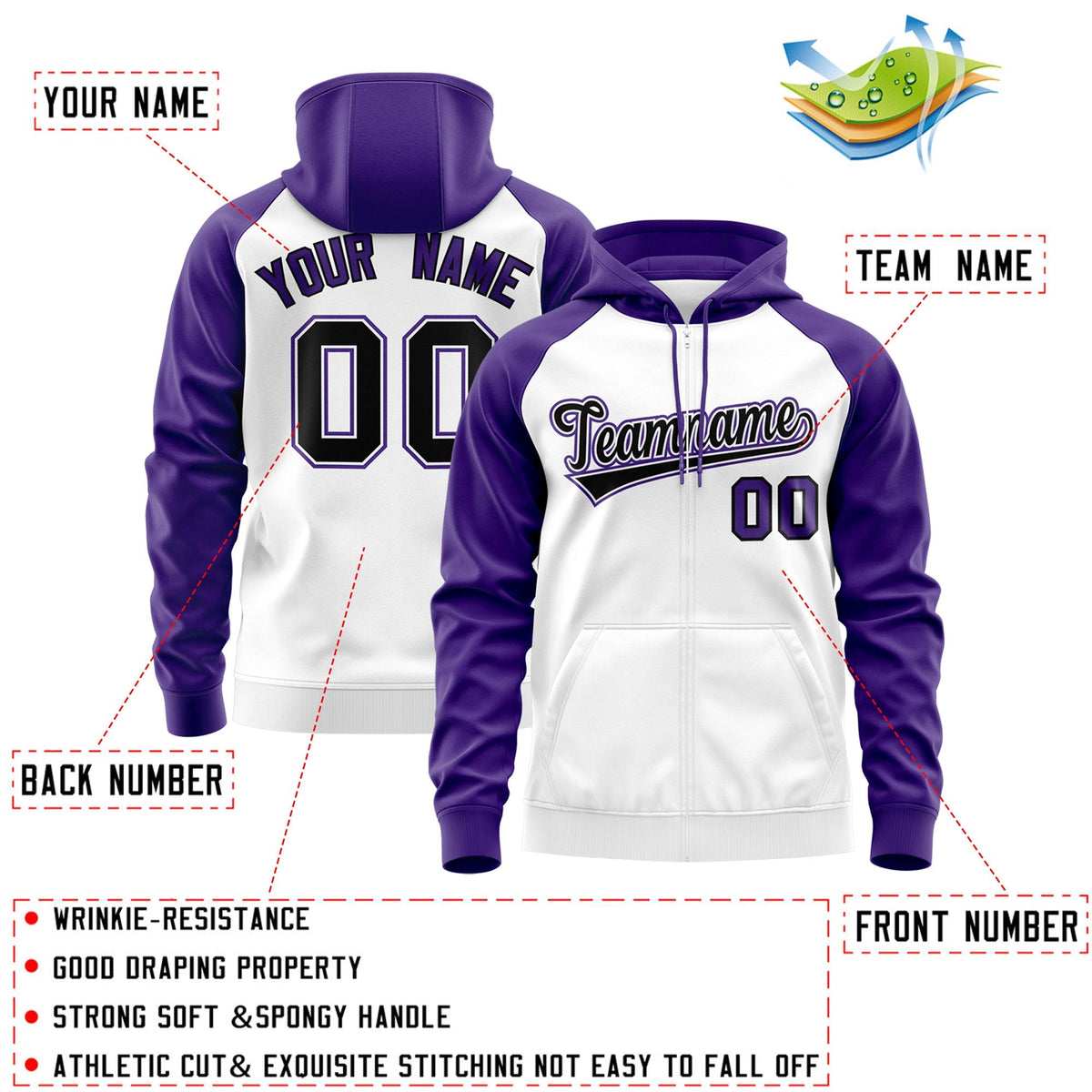 Custom Stitched White Black-Purple Raglan Sleeves Sports Full-Zip Sweatshirt Hoodie| KXKSHOP