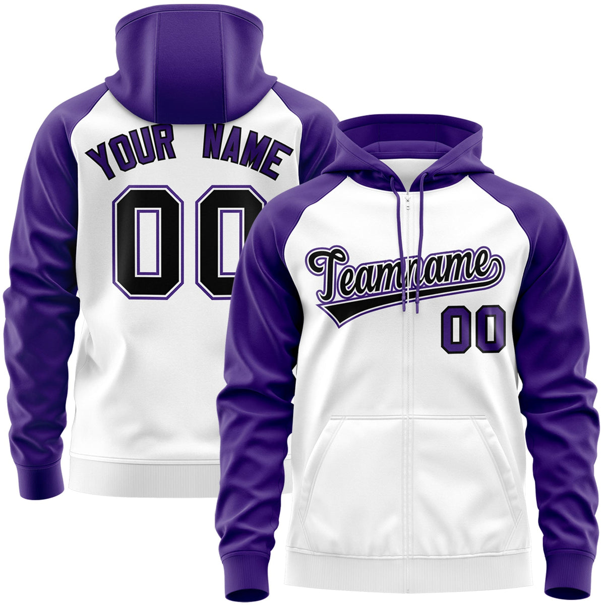 Custom Stitched White Black-Purple Raglan Sleeves Sports Full-Zip Sweatshirt Hoodie| KXKSHOP