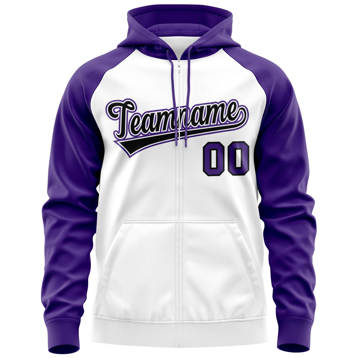 Custom Stitched White Black-Purple Raglan Sleeves Sports Full-Zip Sweatshirt Hoodie| KXKSHOP
