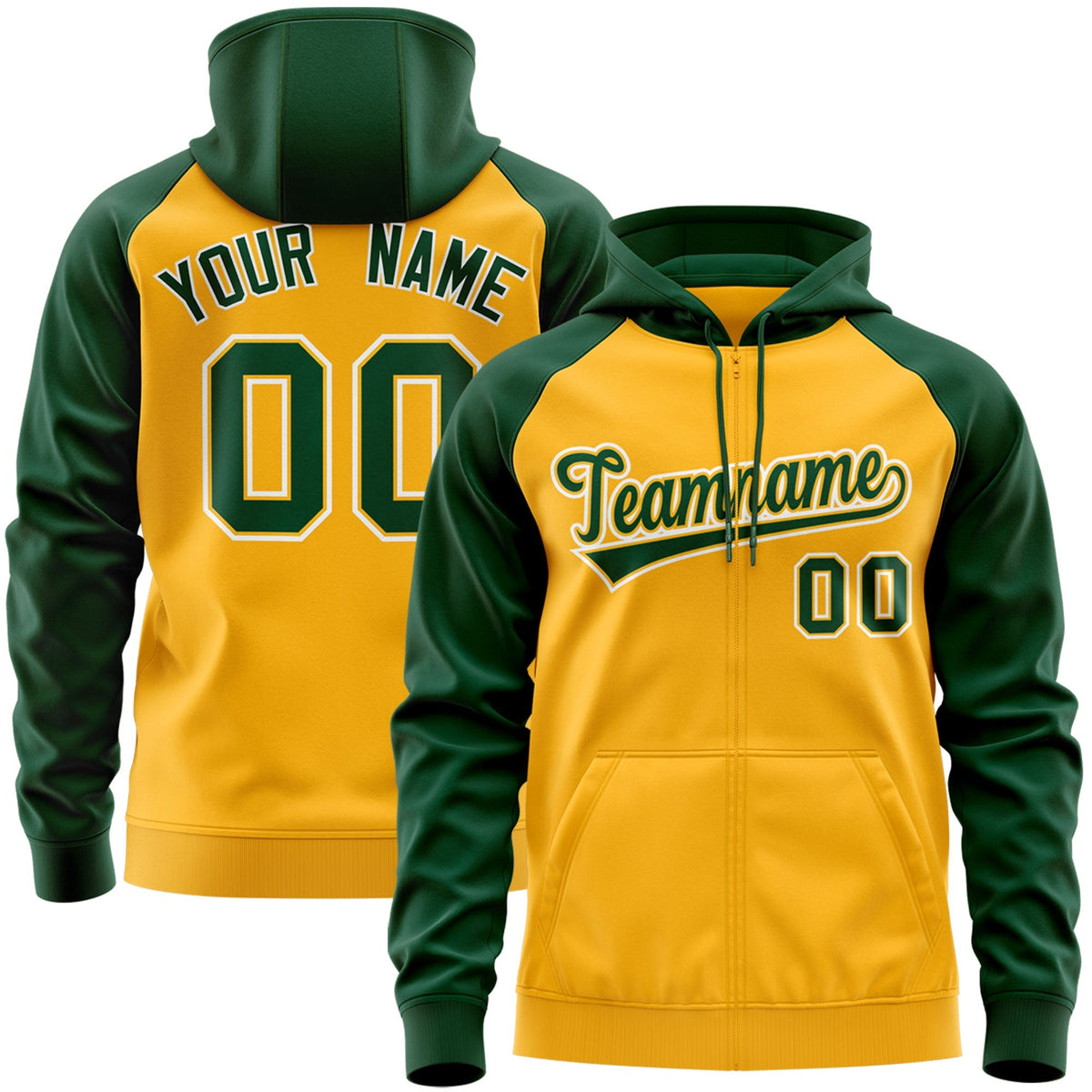 Custom Stitched Gold Green-White Raglan Sleeves Sports Full-Zip Sweatshirt Hoodie| KXKSHOP