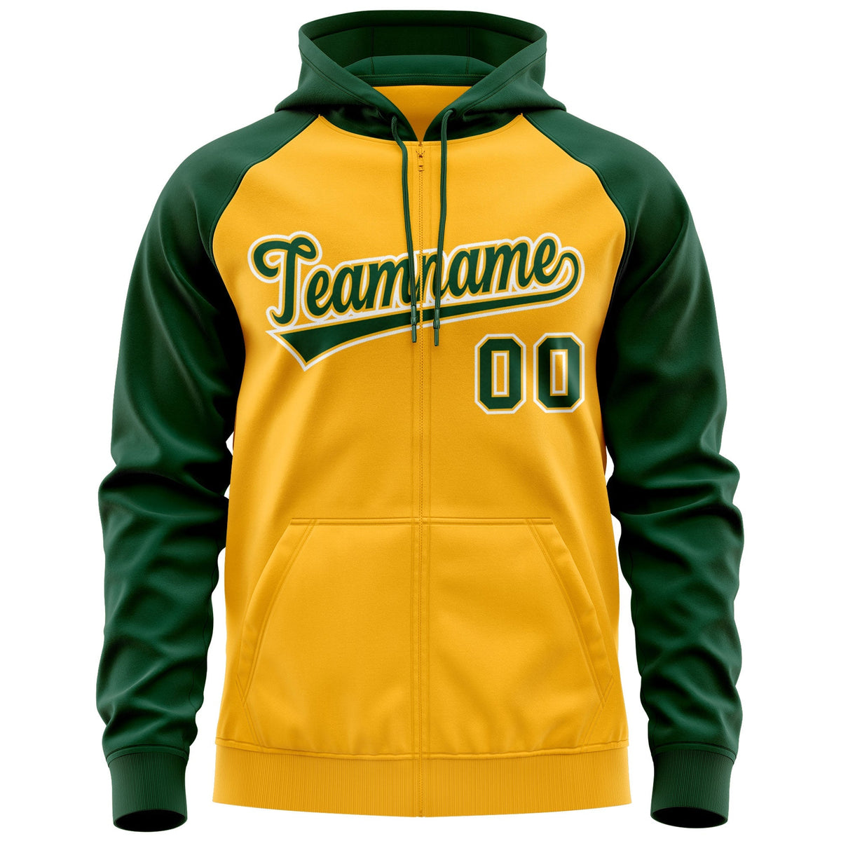 Custom Stitched Gold Green-White Raglan Sleeves Sports Full-Zip Sweatshirt Hoodie| KXKSHOP