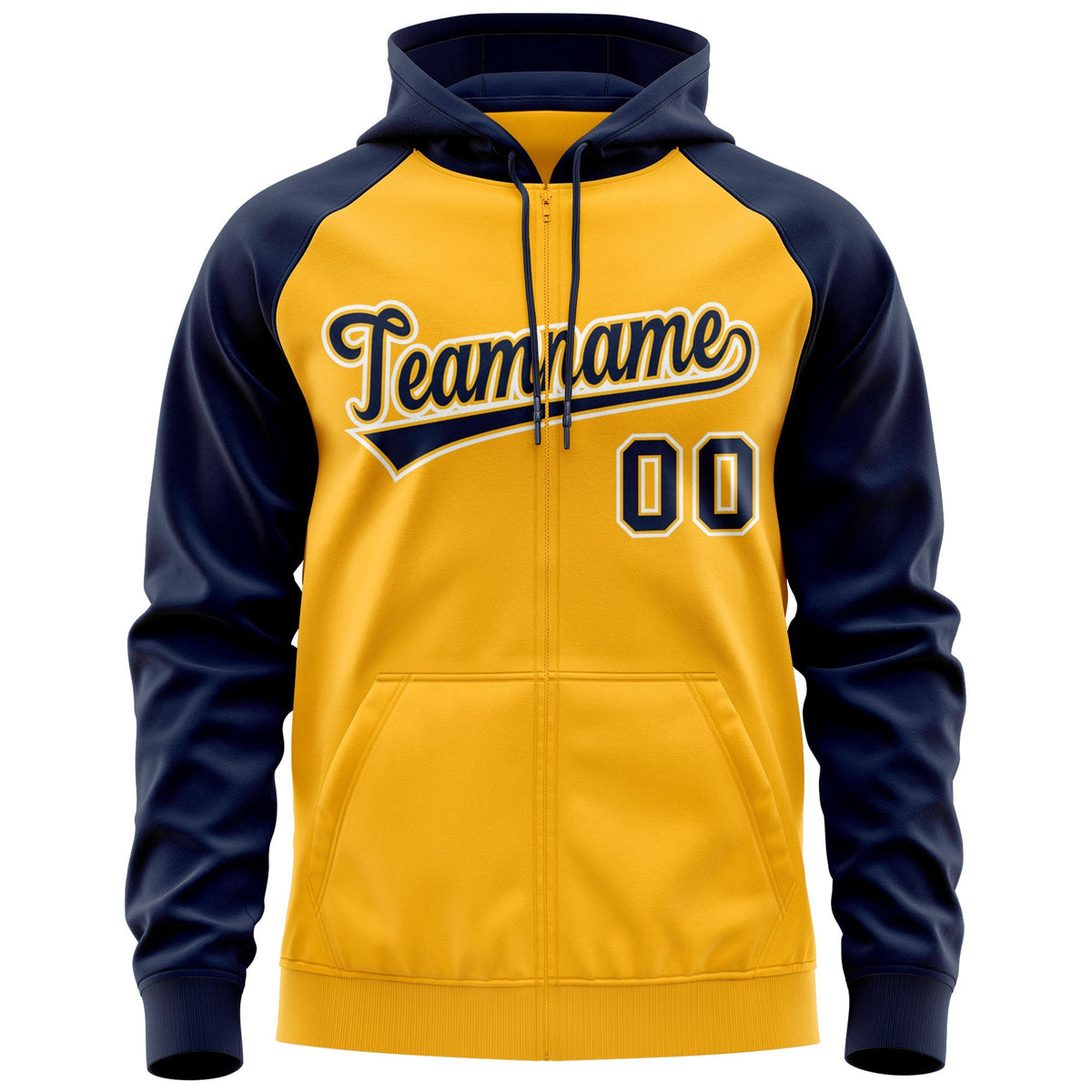 Custom Stitched Gold Navy-White Raglan Sleeves Sports Full-Zip Sweatshirt Hoodie| KXKSHOP