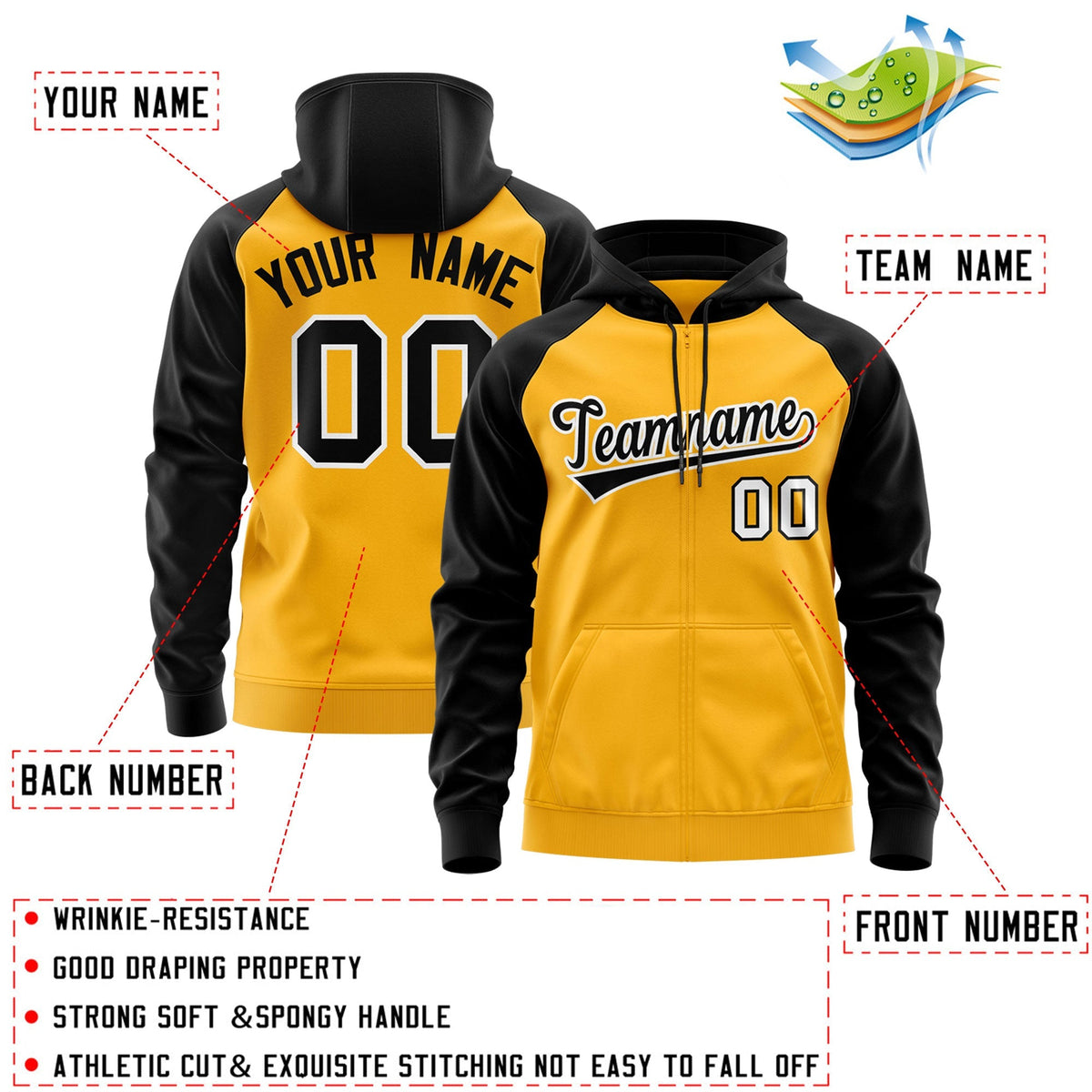 Custom Stitched Gold Black-White Raglan Sleeves Sports Full-Zip Sweatshirt Hoodie| KXKSHOP