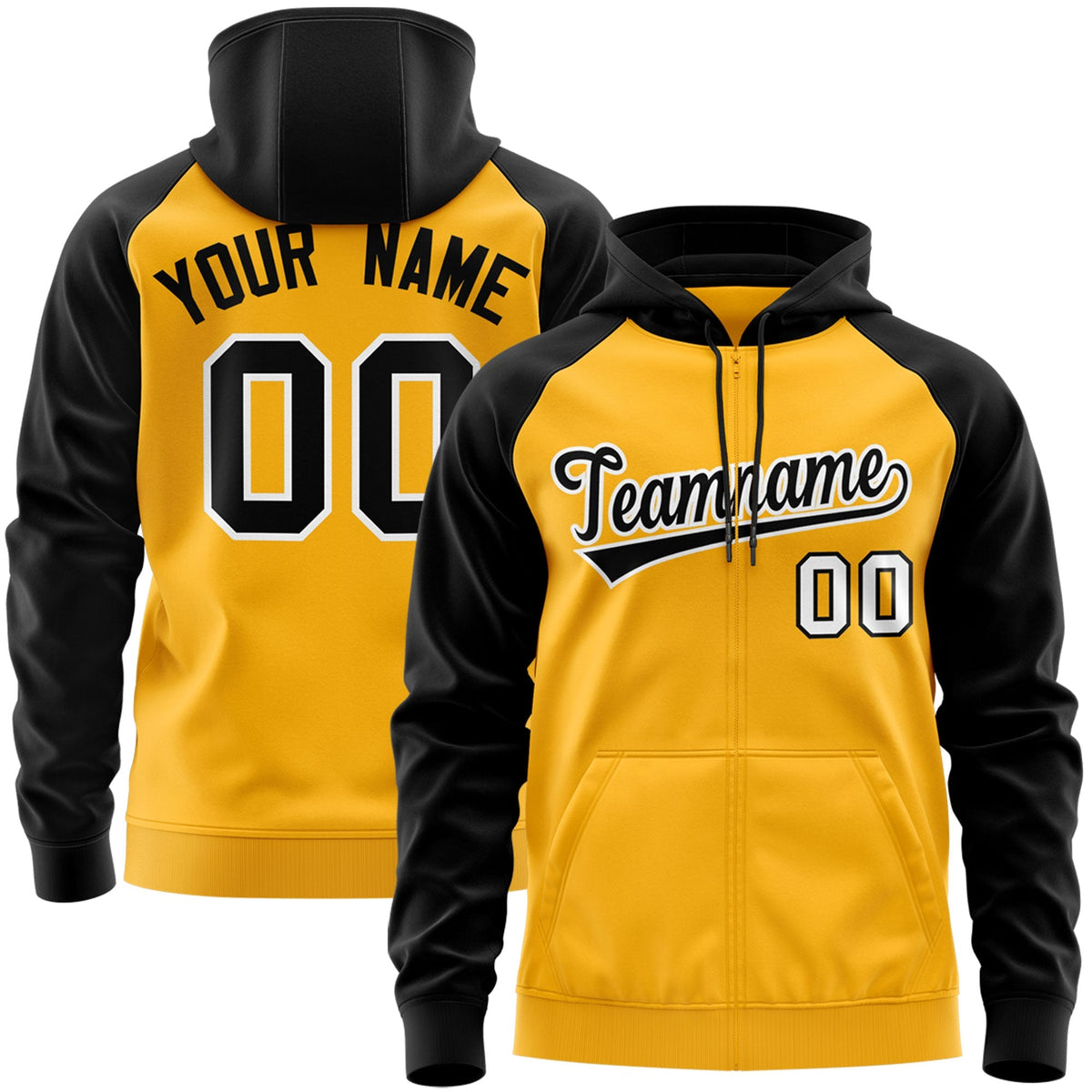 Custom Stitched Gold Black-White Raglan Sleeves Sports Full-Zip Sweatshirt Hoodie| KXKSHOP