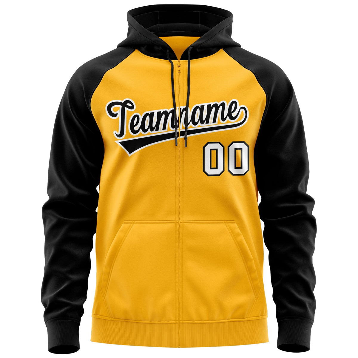 Custom Stitched Gold Black-White Raglan Sleeves Sports Full-Zip Sweatshirt Hoodie| KXKSHOP