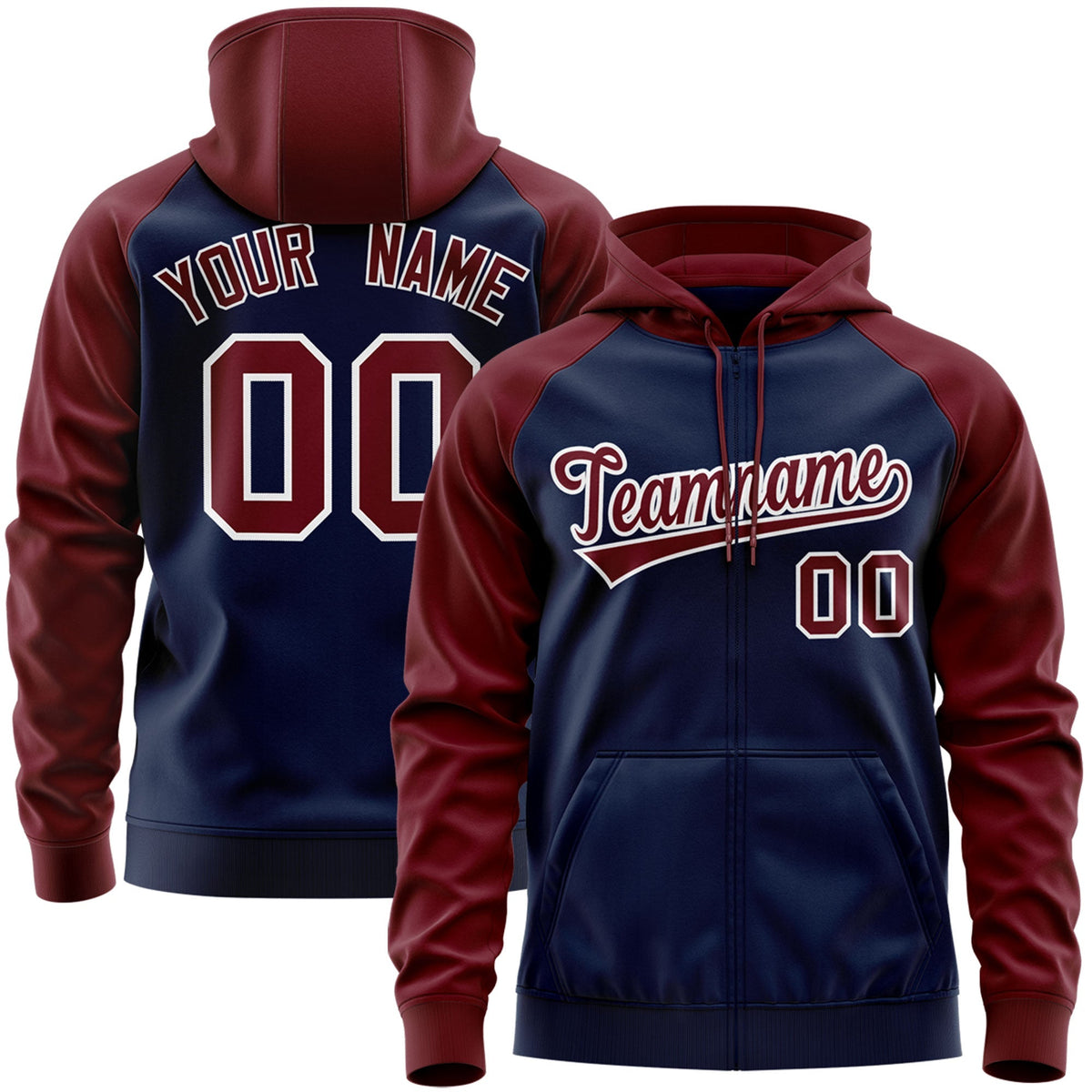Custom Stitched Navy Crimson-White Raglan Sleeves Sports Full-Zip Sweatshirt Hoodie| KXKSHOP