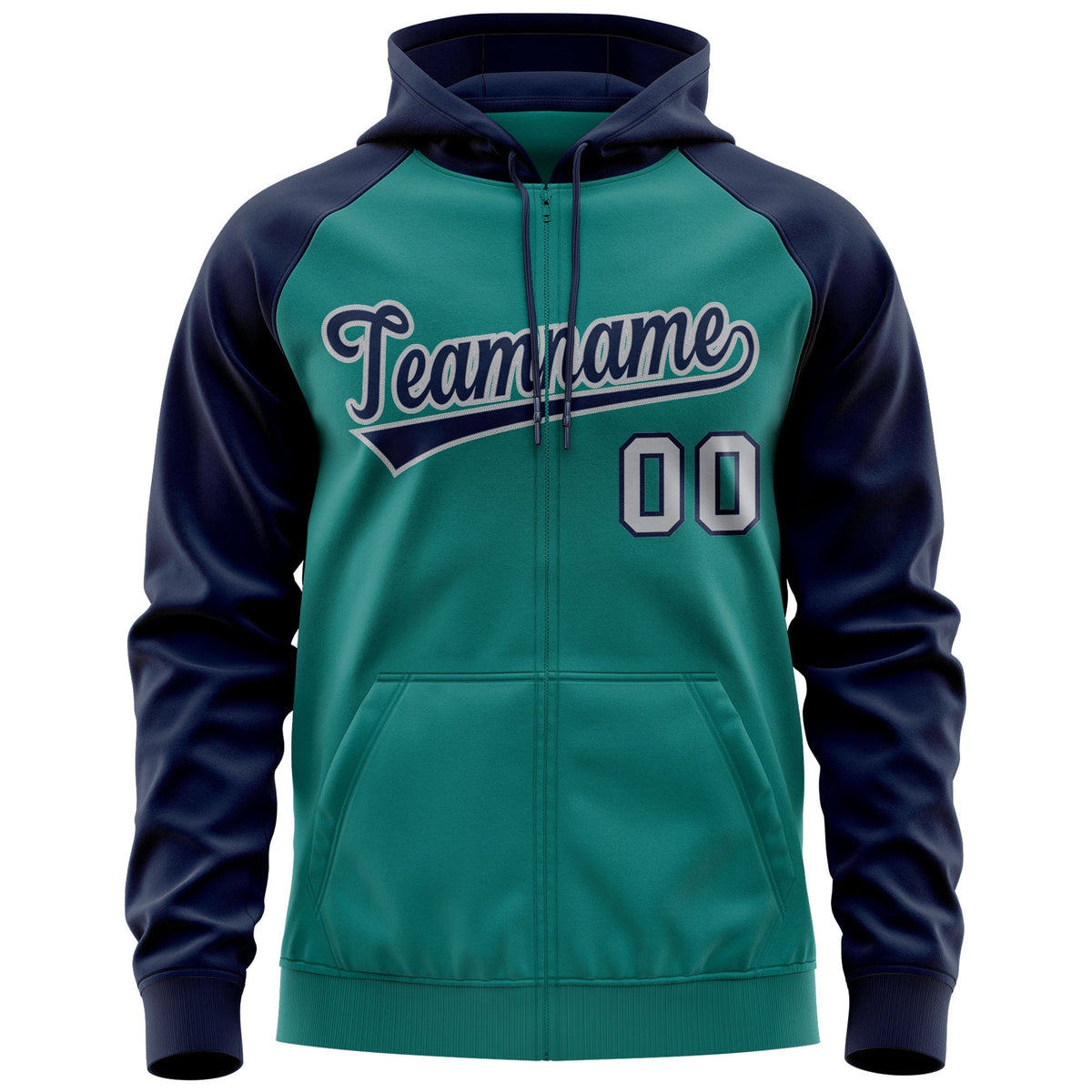 Custom Stitched Aqua Navy-Gray Raglan Sleeves Sports Full-Zip Sweatshirt Hoodie| KXKSHOP