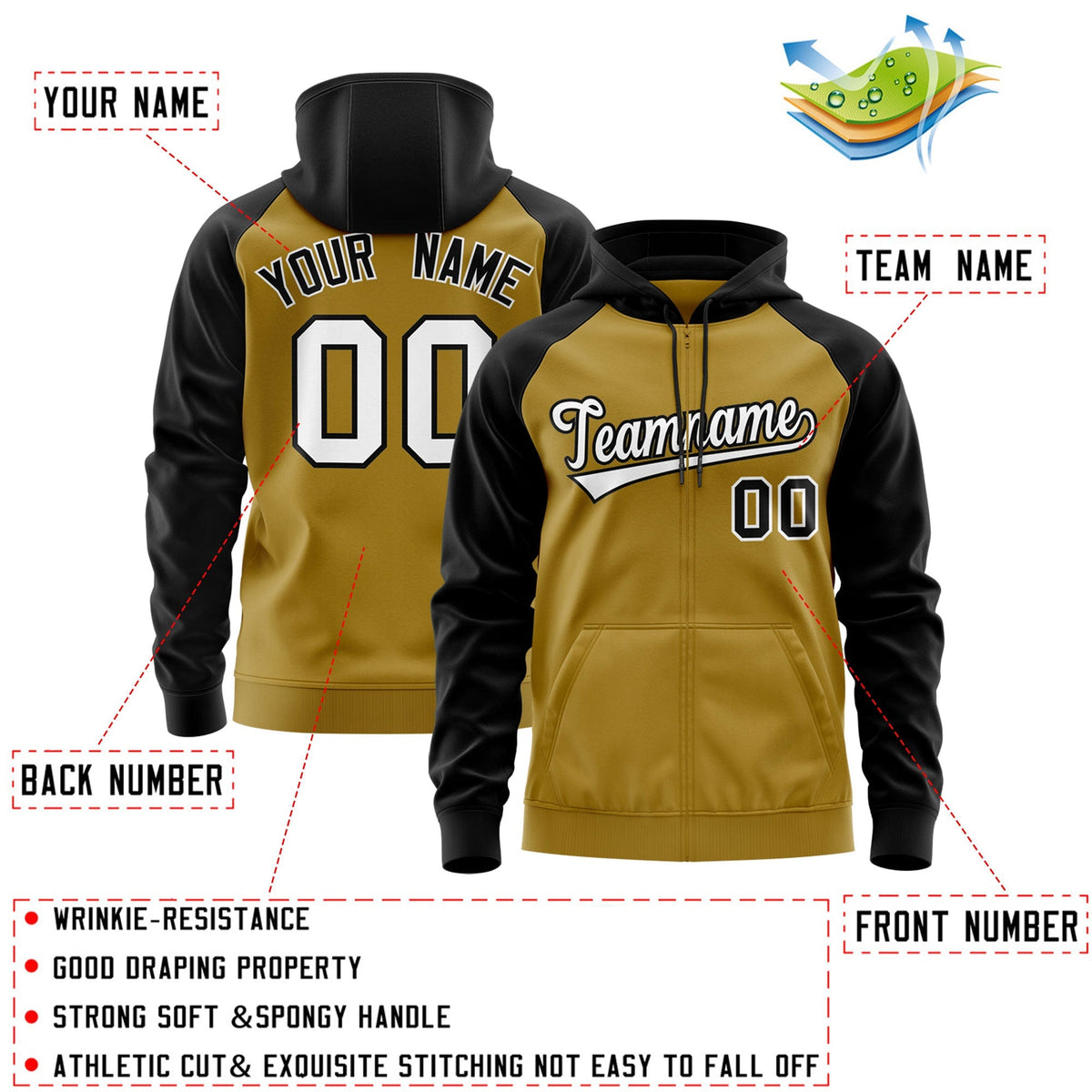Custom Stitched Old Gold White-Black Raglan Sleeves Sports Full-Zip Sweatshirt Hoodie| KXKSHOP