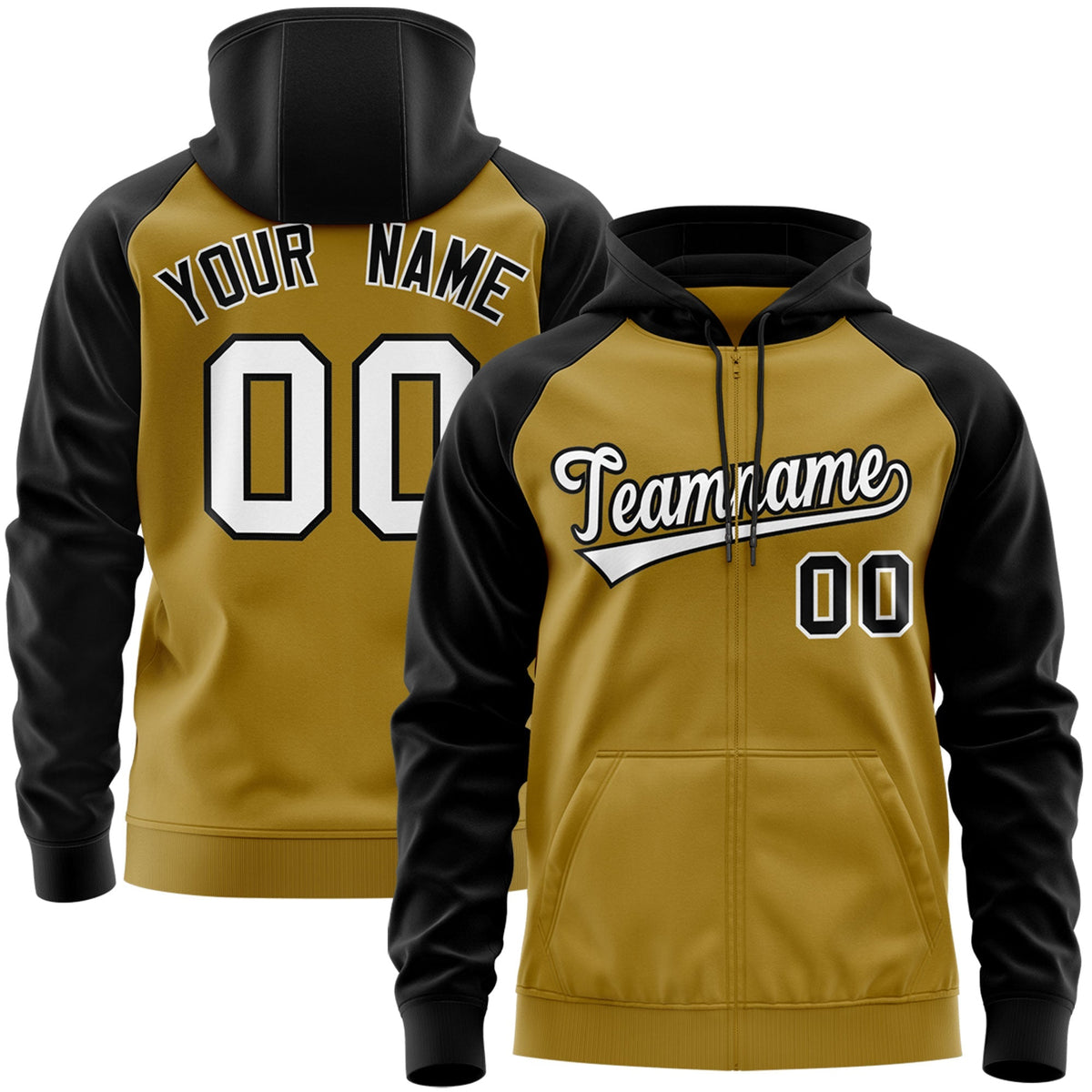 Custom Stitched Old Gold White-Black Raglan Sleeves Sports Full-Zip Sweatshirt Hoodie| KXKSHOP