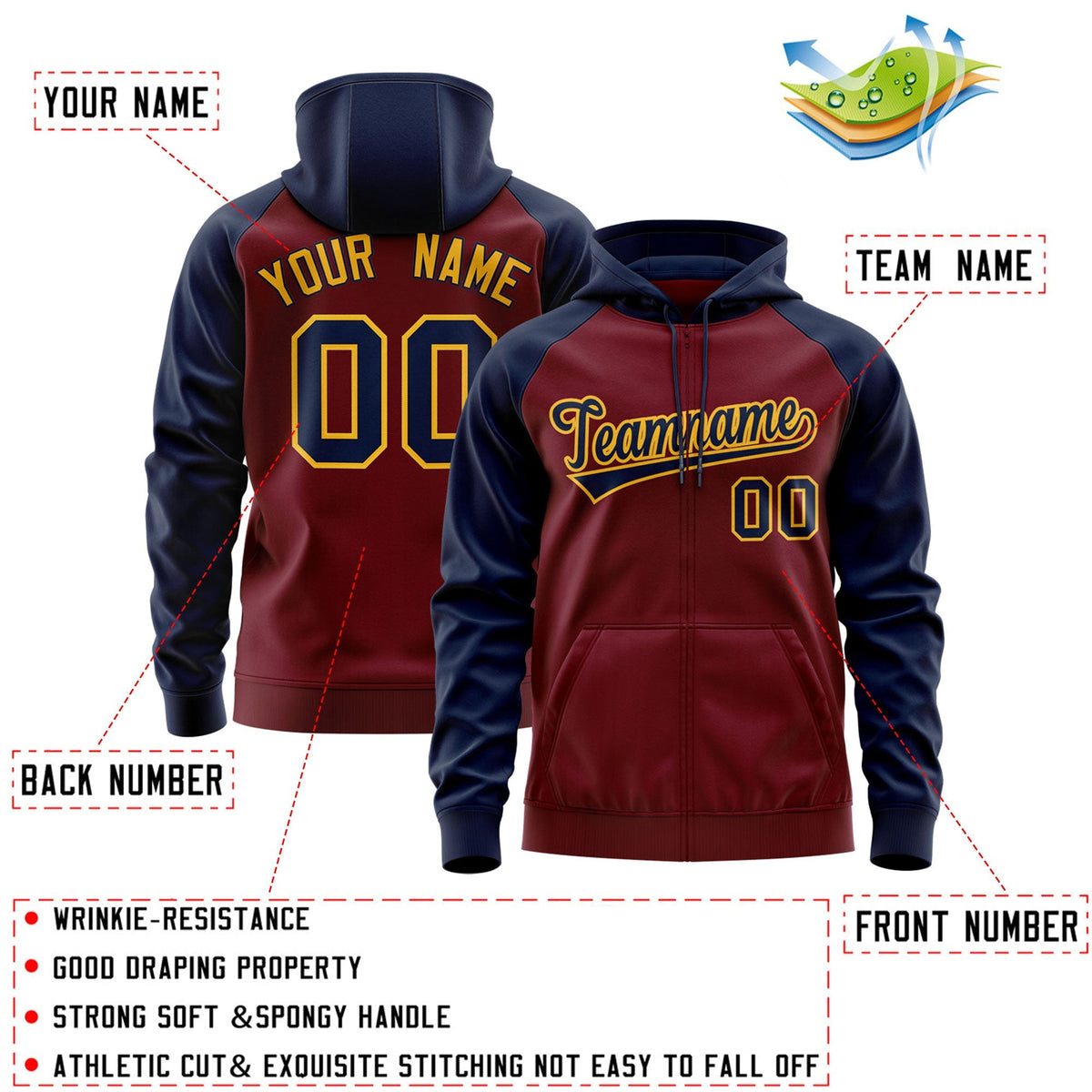 Custom Stitched Crimson Navy-Gold Raglan Sleeves Sports Full-Zip Sweatshirt Hoodie| KXKSHOP
