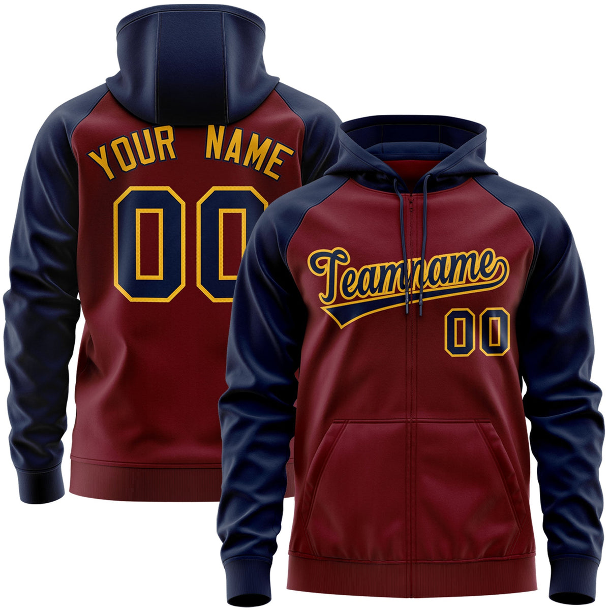 Custom Stitched Crimson Navy-Gold Raglan Sleeves Sports Full-Zip Sweatshirt Hoodie| KXKSHOP