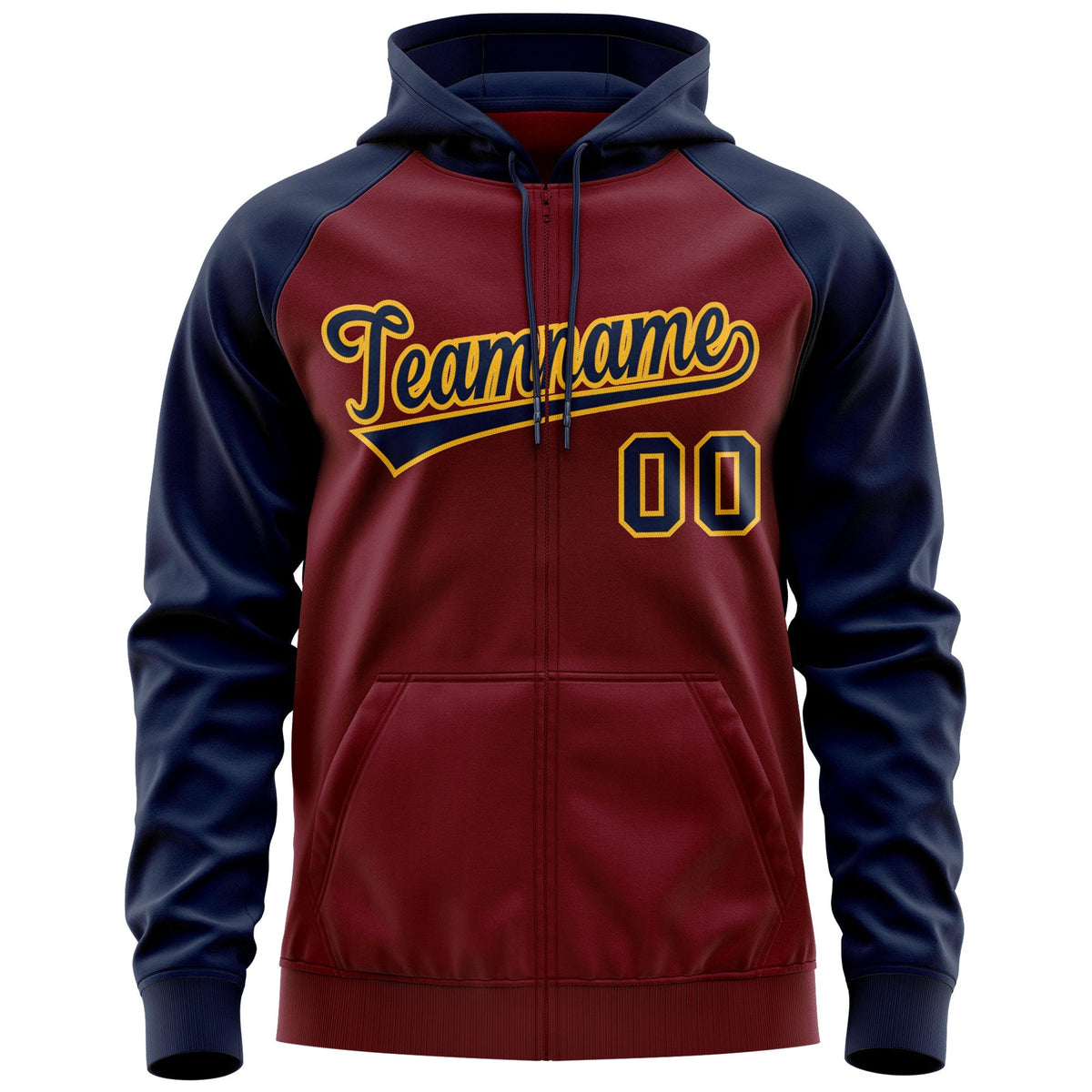 Custom Stitched Crimson Navy-Gold Raglan Sleeves Sports Full-Zip Sweatshirt Hoodie| KXKSHOP