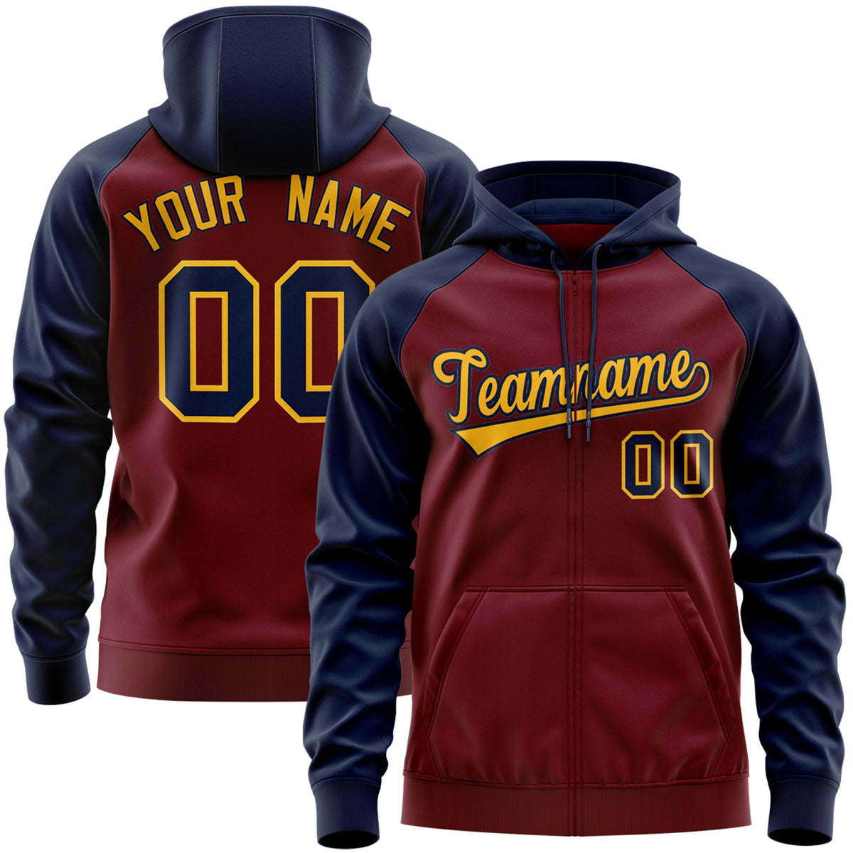 Custom Stitched Crimson Gold-Navy Raglan Sleeves Sports Full-Zip Sweatshirt Hoodie| KXKSHOP
