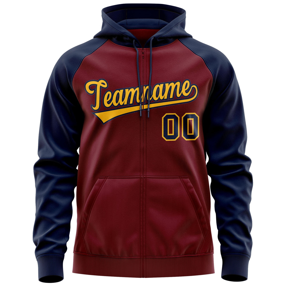Custom Stitched Crimson Gold-Navy Raglan Sleeves Sports Full-Zip Sweatshirt Hoodie| KXKSHOP