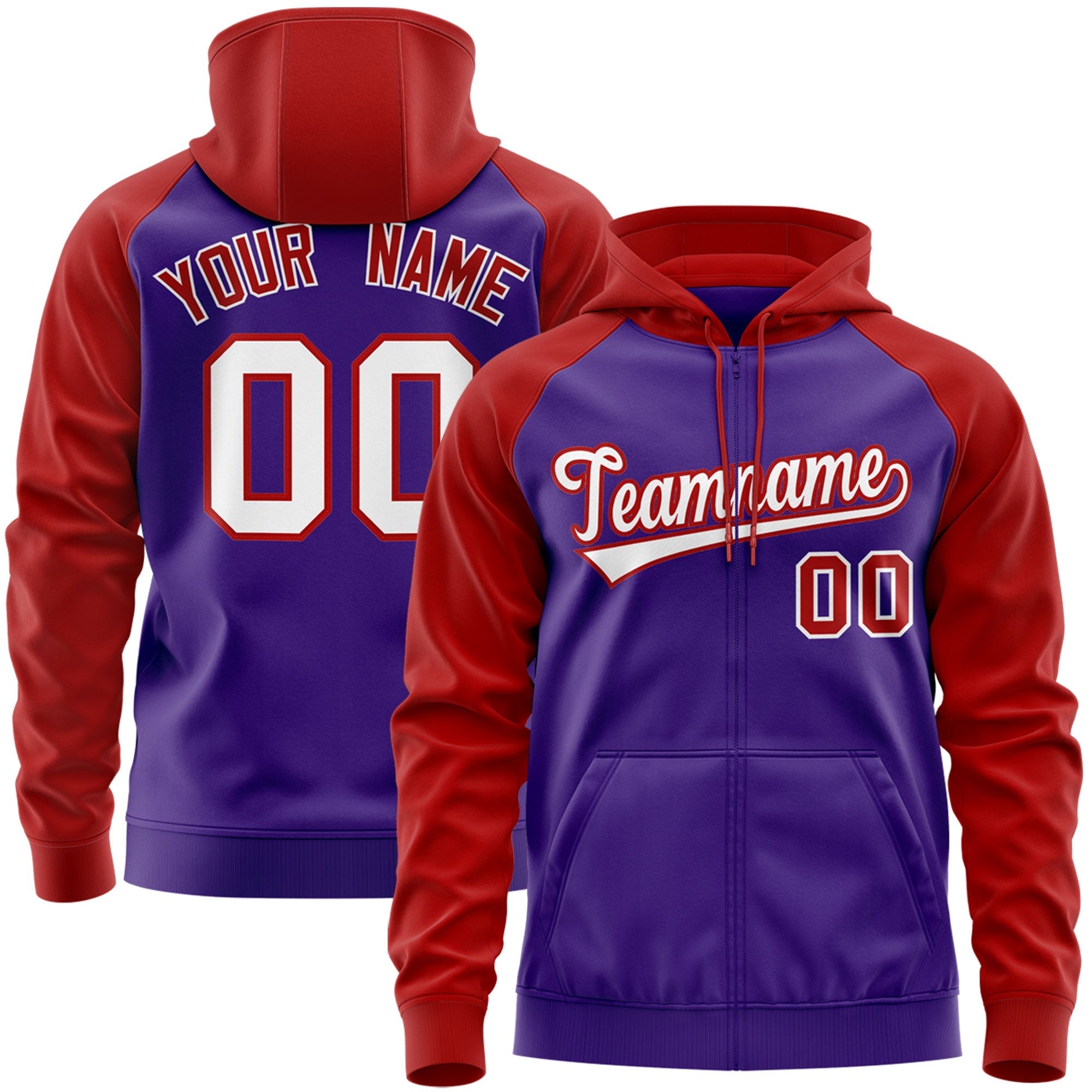 Custom Stitched Purple White-Red Raglan Sleeves Sports Full-Zip Sweatshirt Hoodie| KXKSHOP
