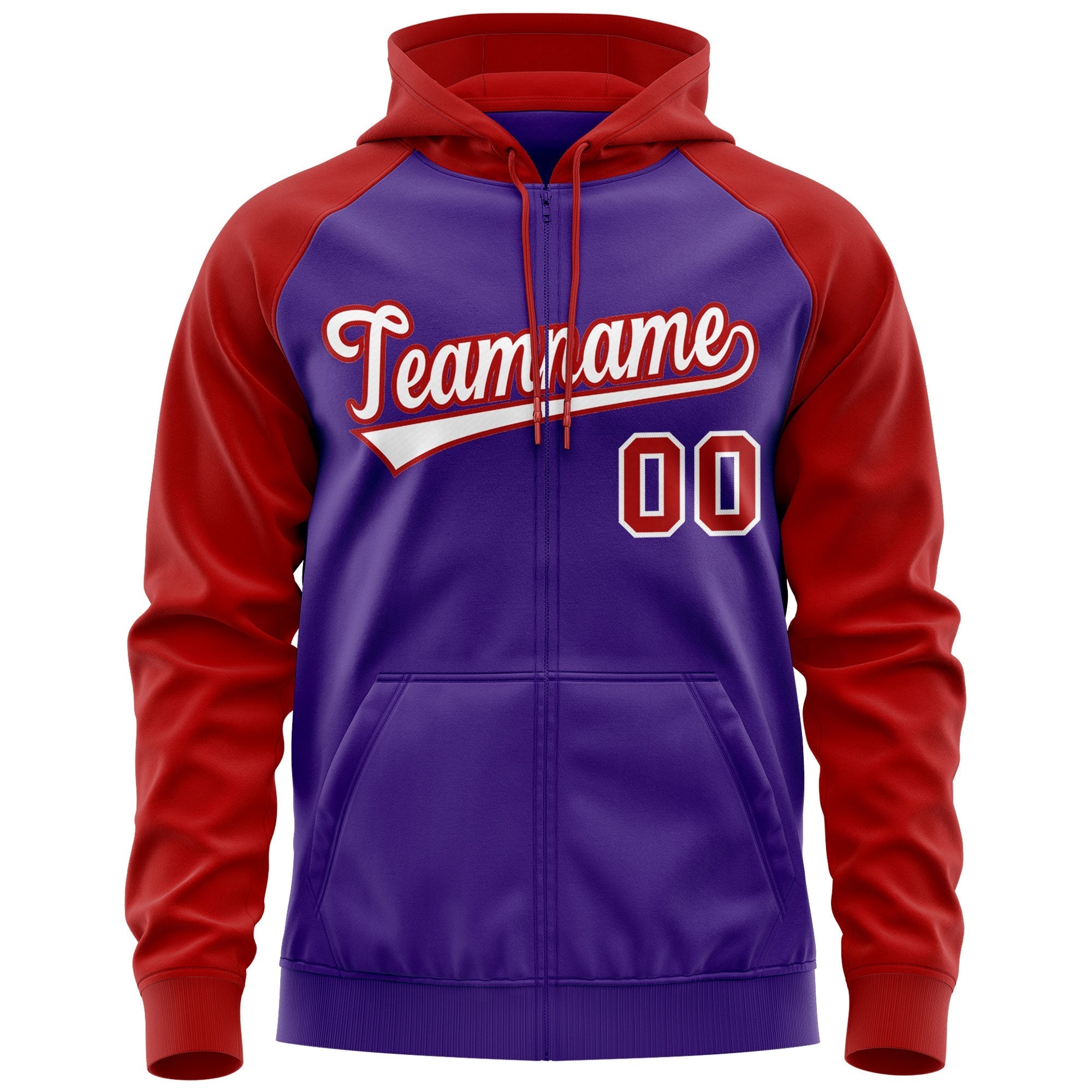 Custom Stitched Purple White-Red Raglan Sleeves Sports Full-Zip Sweatshirt Hoodie| KXKSHOP