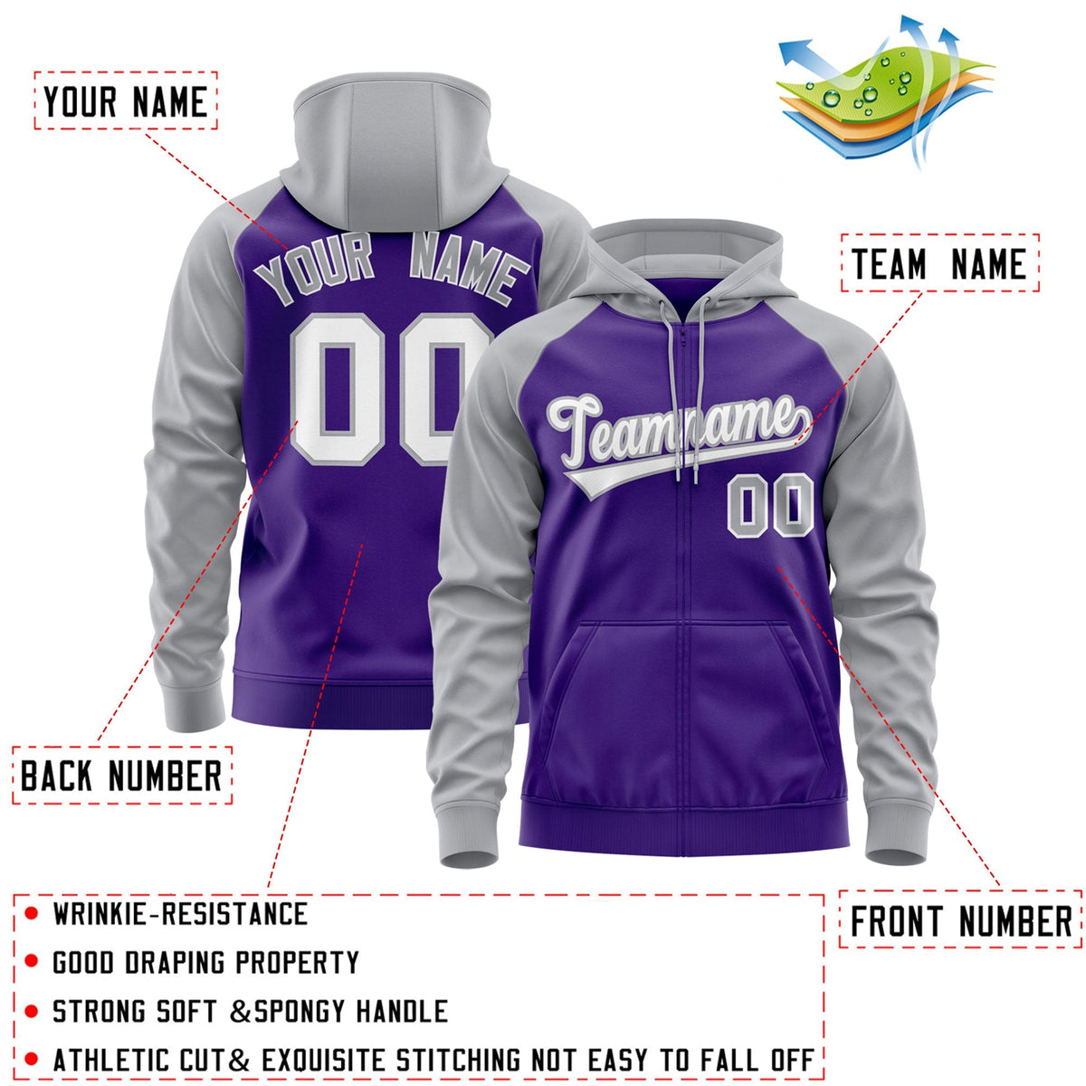 Custom Stitched Purple White-Gray Raglan Sleeves Sports Full-Zip Sweatshirt Hoodie| KXKSHOP