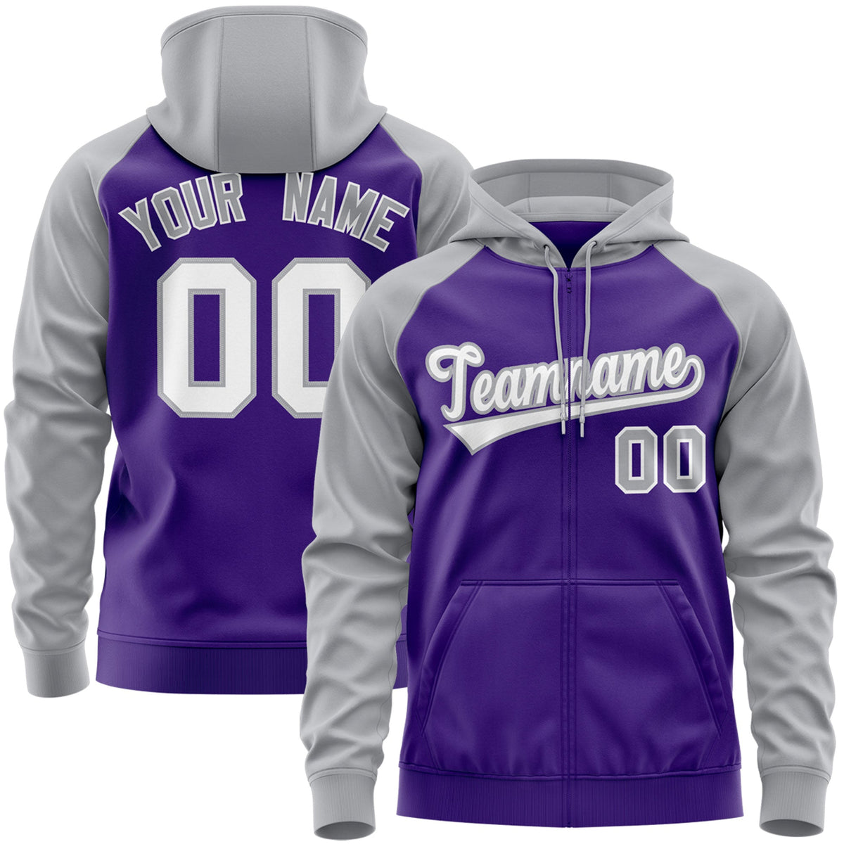 Custom Stitched Purple White-Gray Raglan Sleeves Sports Full-Zip Sweatshirt Hoodie| KXKSHOP