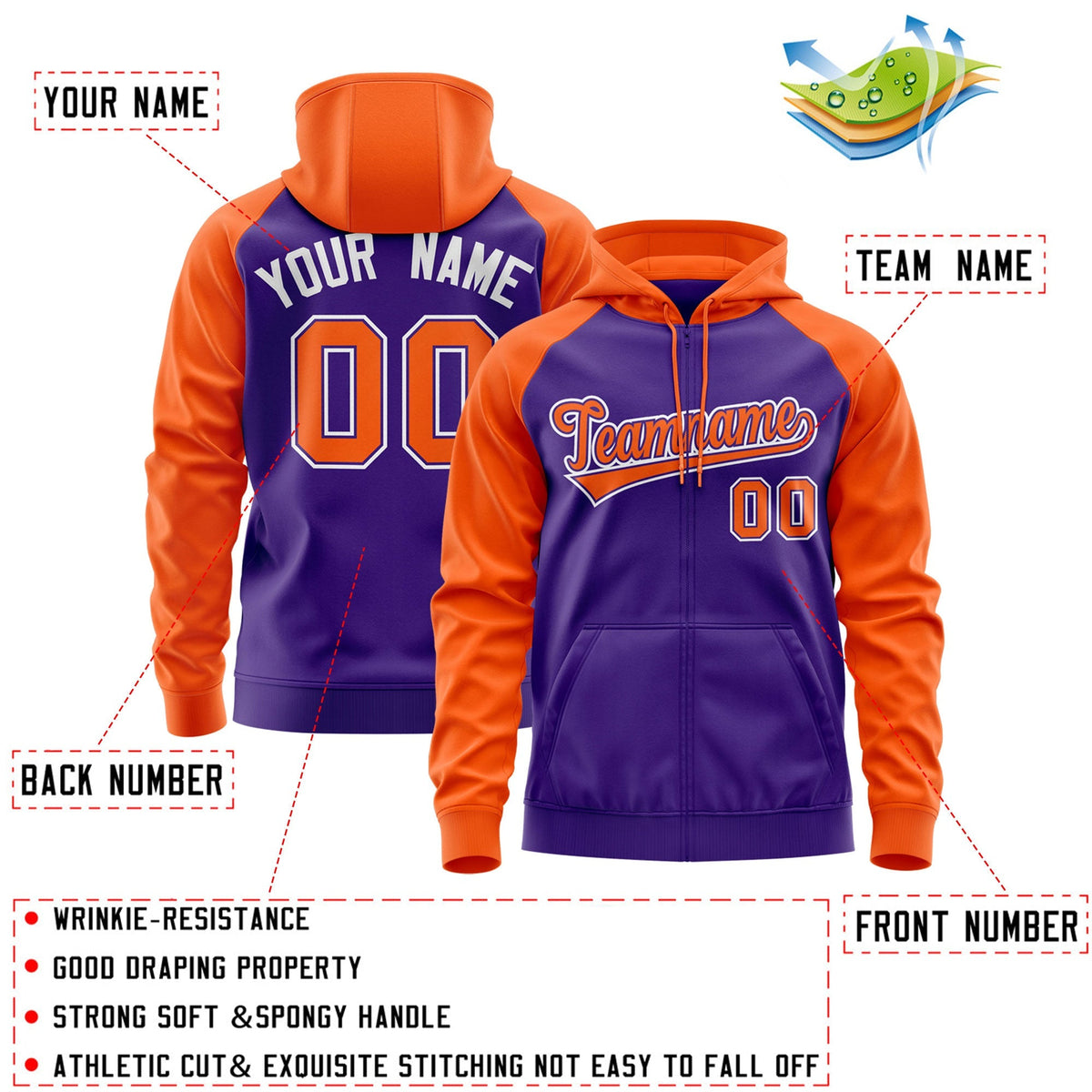 Custom Stitched Purple Orange Raglan Sleeves Sports Full-Zip Sweatshirt Hoodie| KXKSHOP